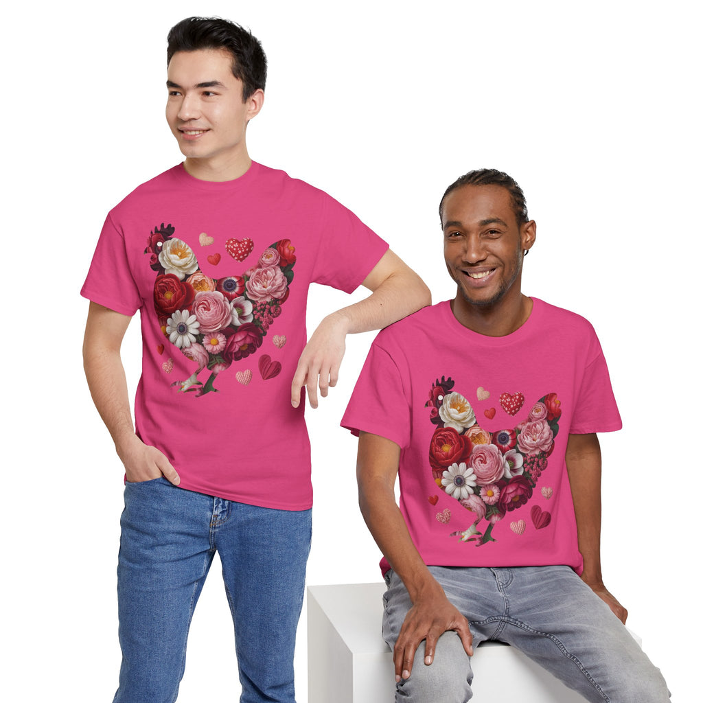 Floral Chicken Heart Tee — Red & Pink Flower Silhouette Unisex Cotton Tee