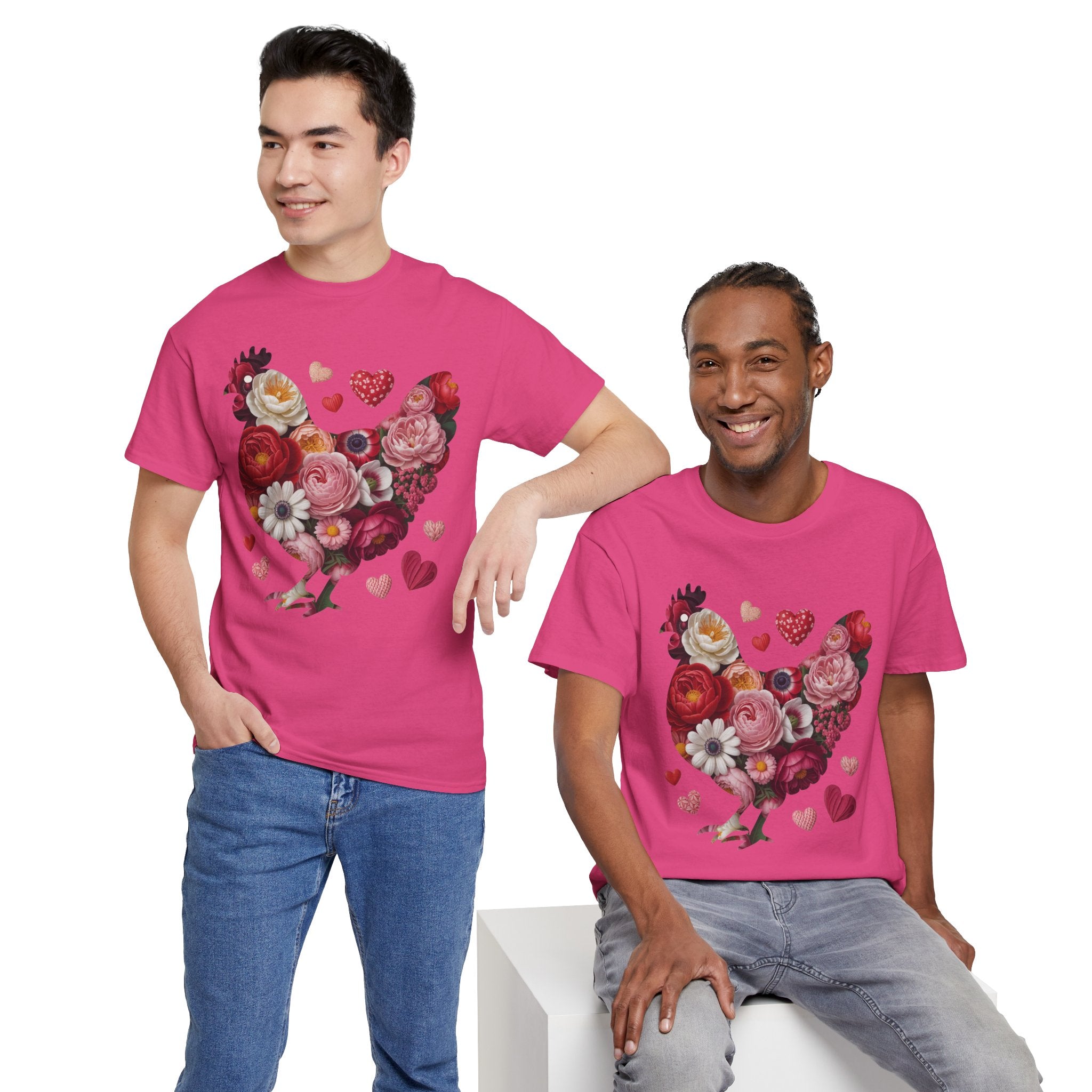 Floral Chicken Heart Tee — Red & Pink Flower Silhouette Unisex Cotton Tee