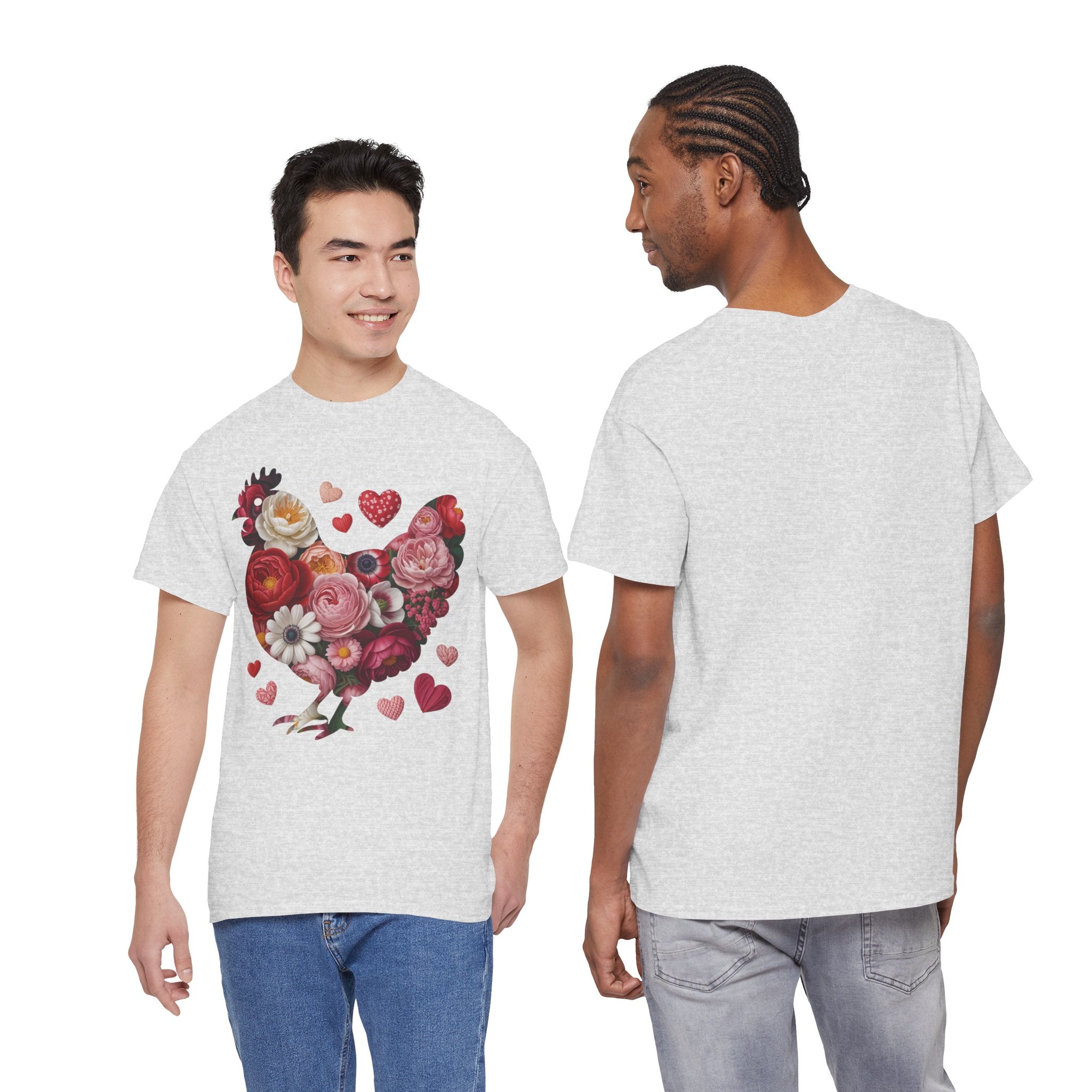 Floral Chicken Heart Tee — Red & Pink Flower Silhouette Unisex Cotton Tee