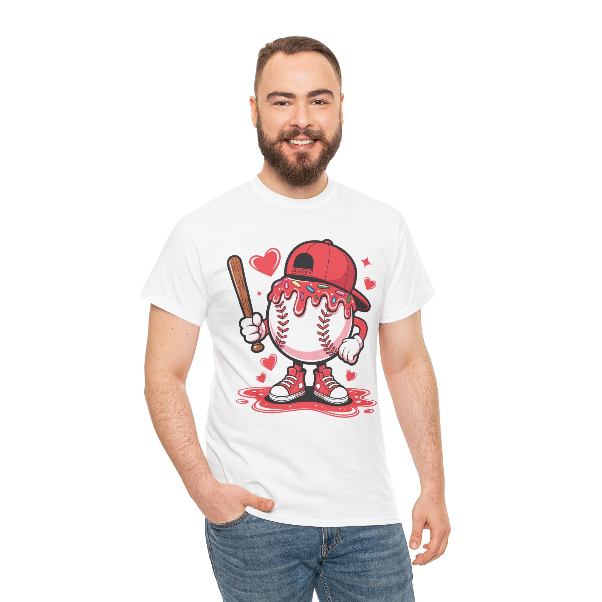 Cute Baseball Character T-Shirt — Red Cap & Icing Top Graphic with Hearts Unisex Cotton Tee