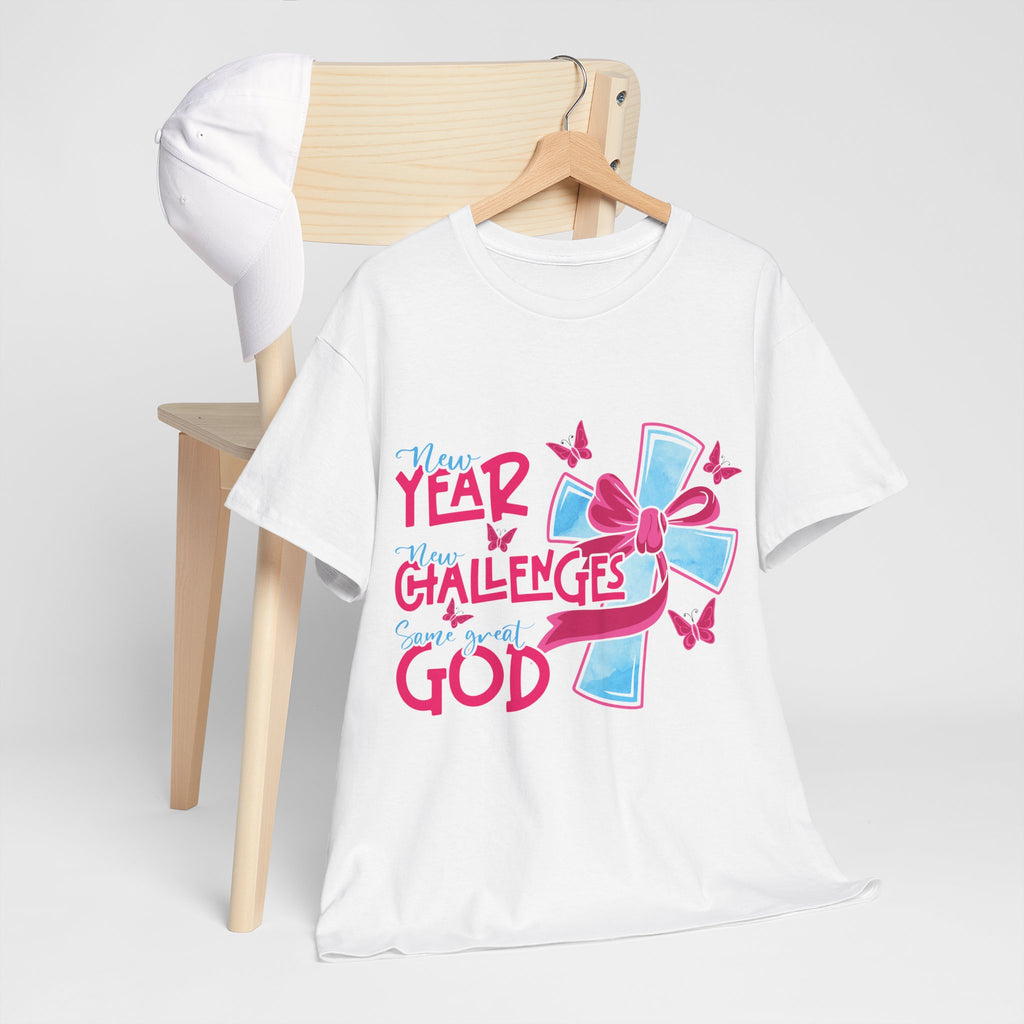 Christian T-Shirt — “New Year, New Challenges, Same Great God” with Pink Bow Cross & Butterflies. Unisex Cotton Tee