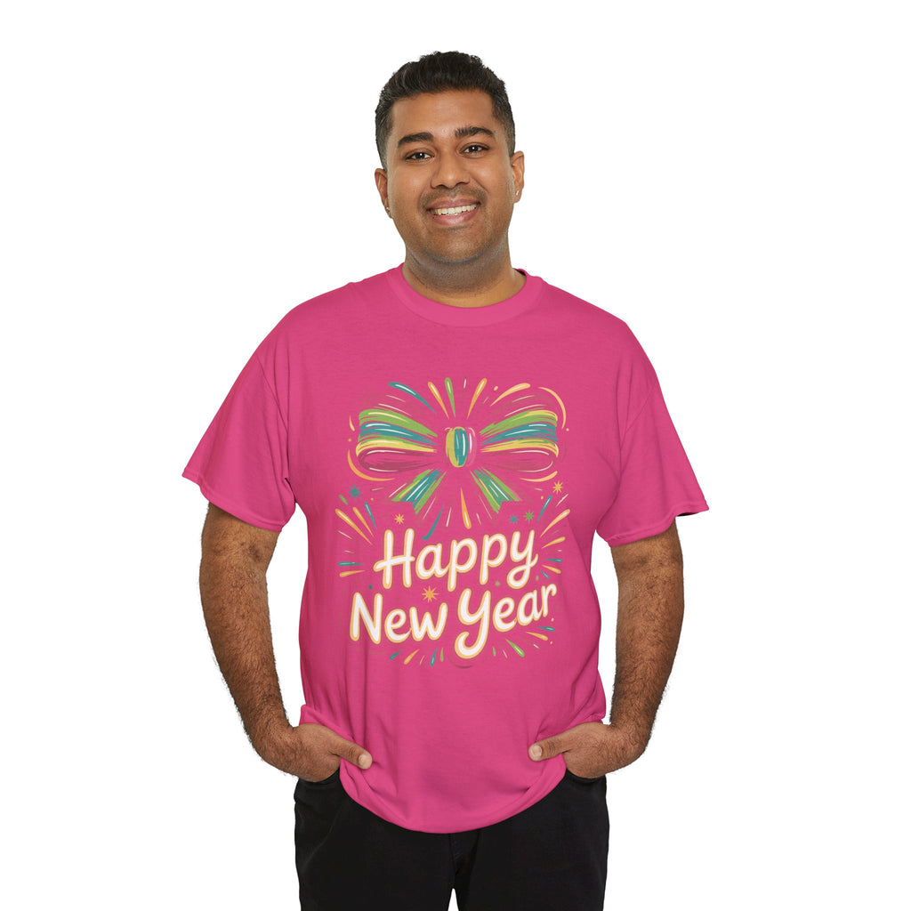 Happy New Year Pastel Tee — Rainbow Bow & Fireworks Celebration Unisex Cotton Tshirt