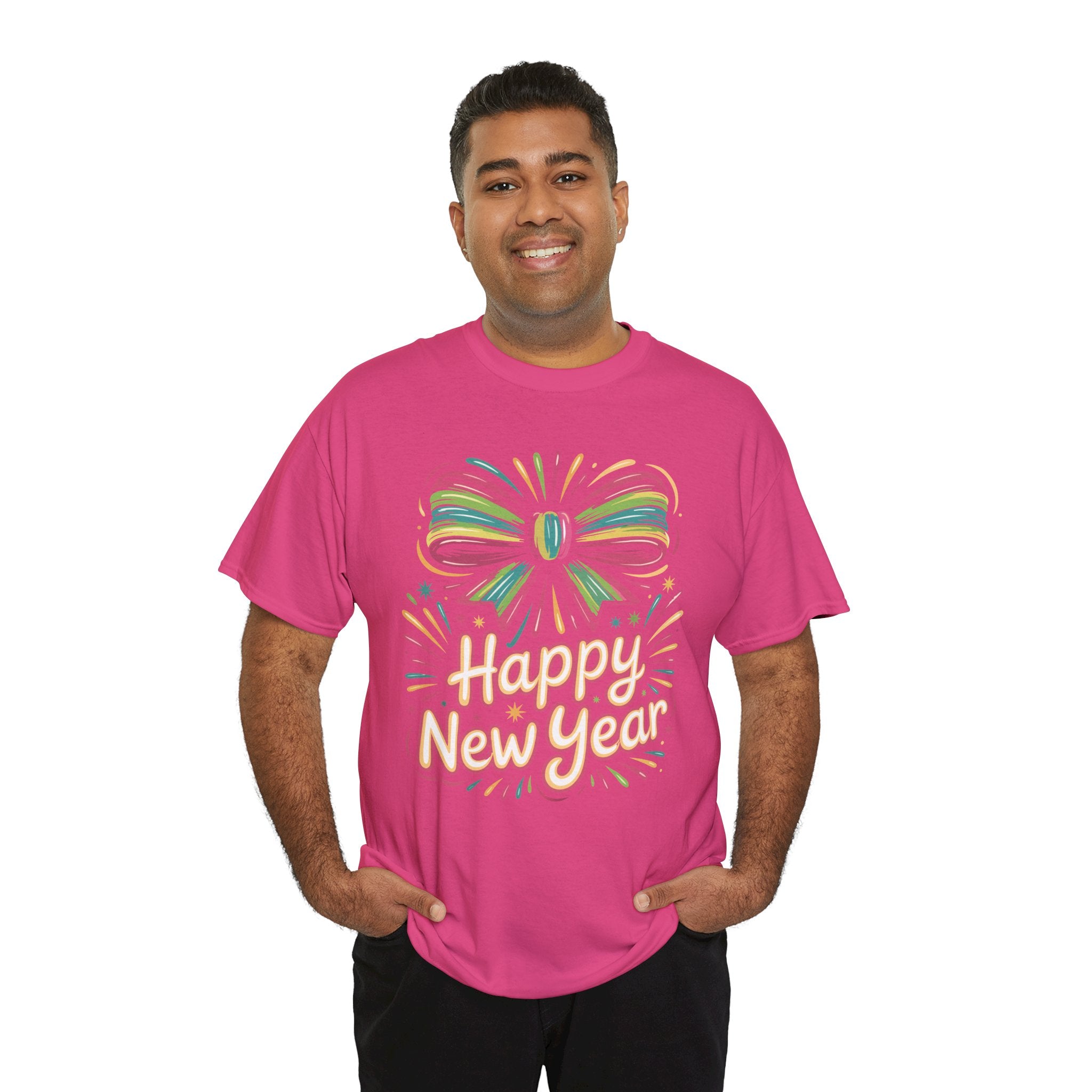 Happy New Year Pastel Tee — Rainbow Bow & Fireworks Celebration Unisex Cotton Tshirt