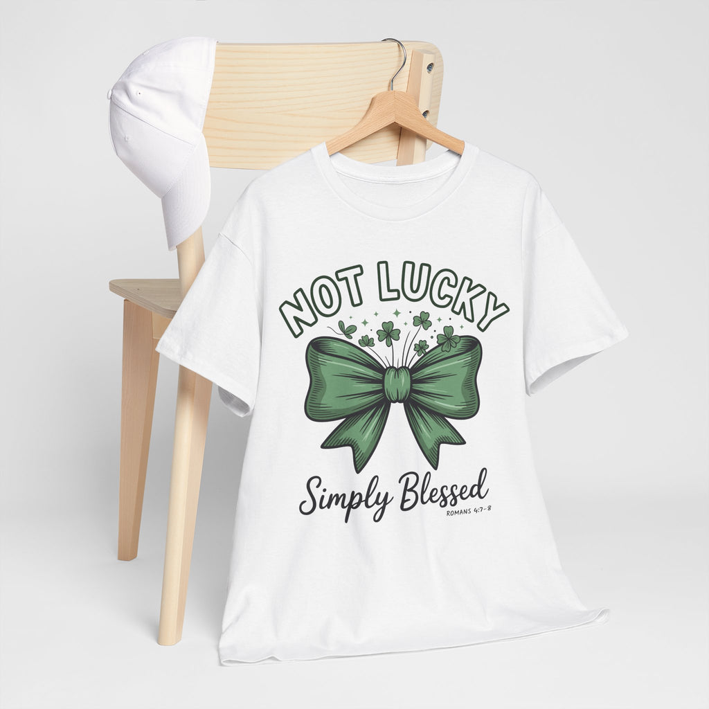 Not Lucky, Simply Blessed T-Shirt — Green Bow & Clovers St. Patrick’s Unisex Cotton Tee