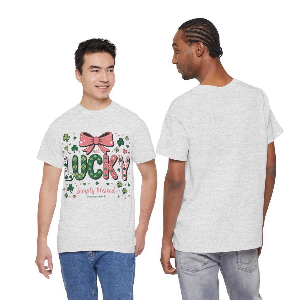 Simply Blessed Tee — “Not Lucky, Simply Blessed” with Pastel Bow, Clovers & Romans 4:7-8 Unisex Cotton Tee