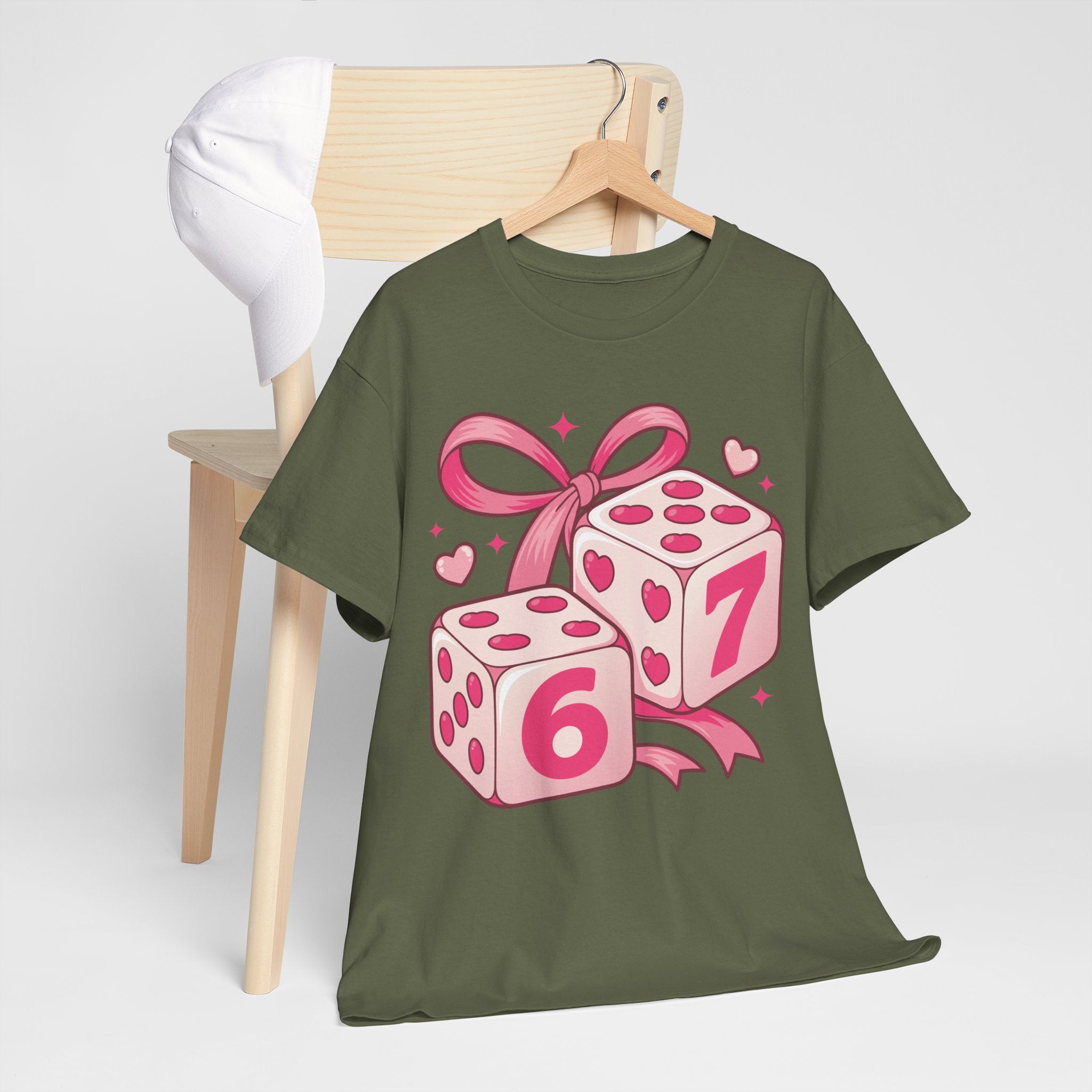 Lucky Love Dice T-Shirt — Pink Heart Dice with Bow..Unisex Cotton Tee