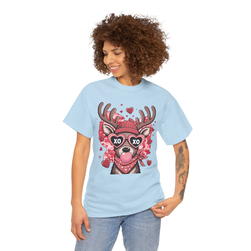 Valentine Deer Tee — Cute XO Heart Glasses, Beanie & Scarf Unisex Cotton Tshirt