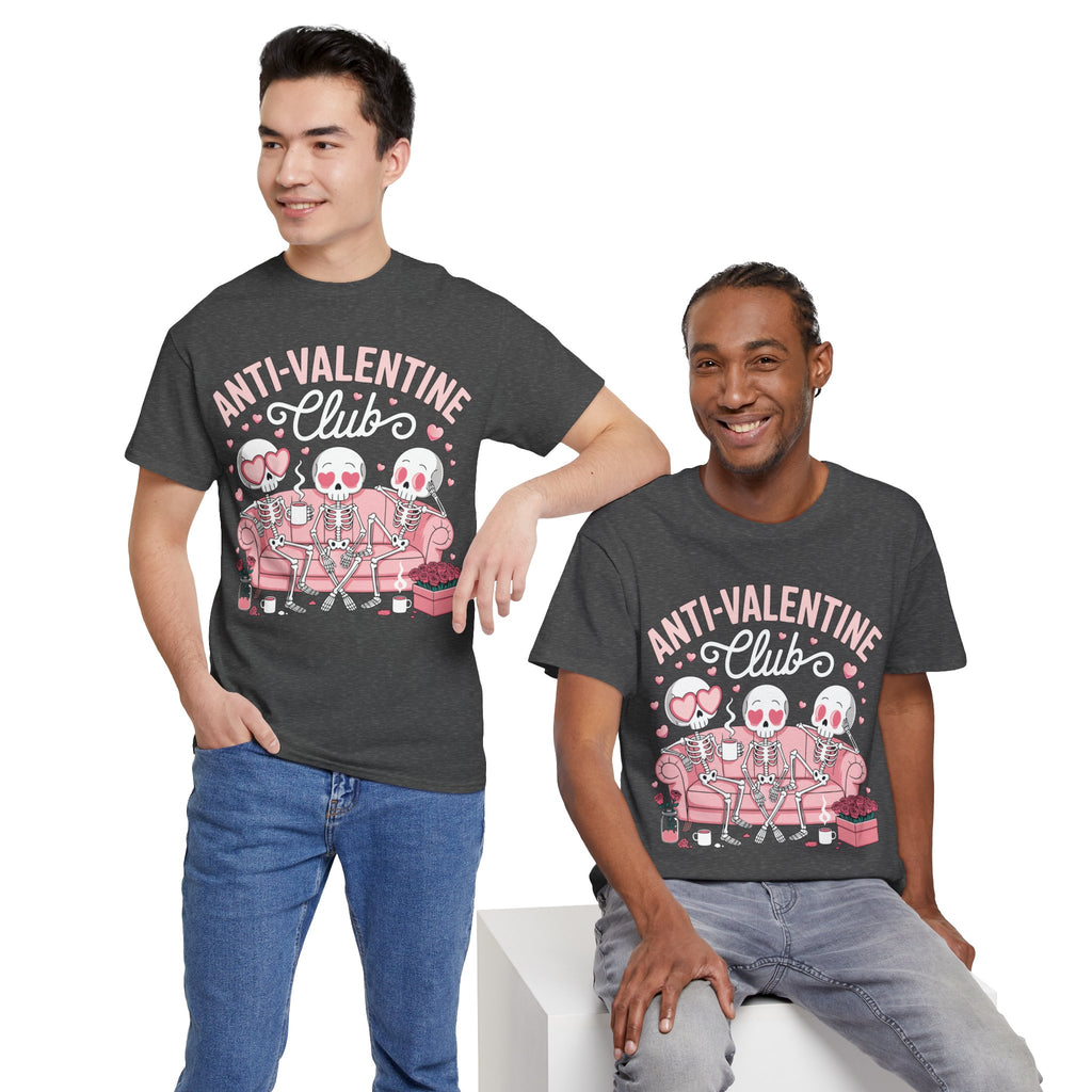 Anti-Valentine Club Skeleton Tee — Anti-Romance Pink Couch Graphic Unisex Cotton T-Shirt