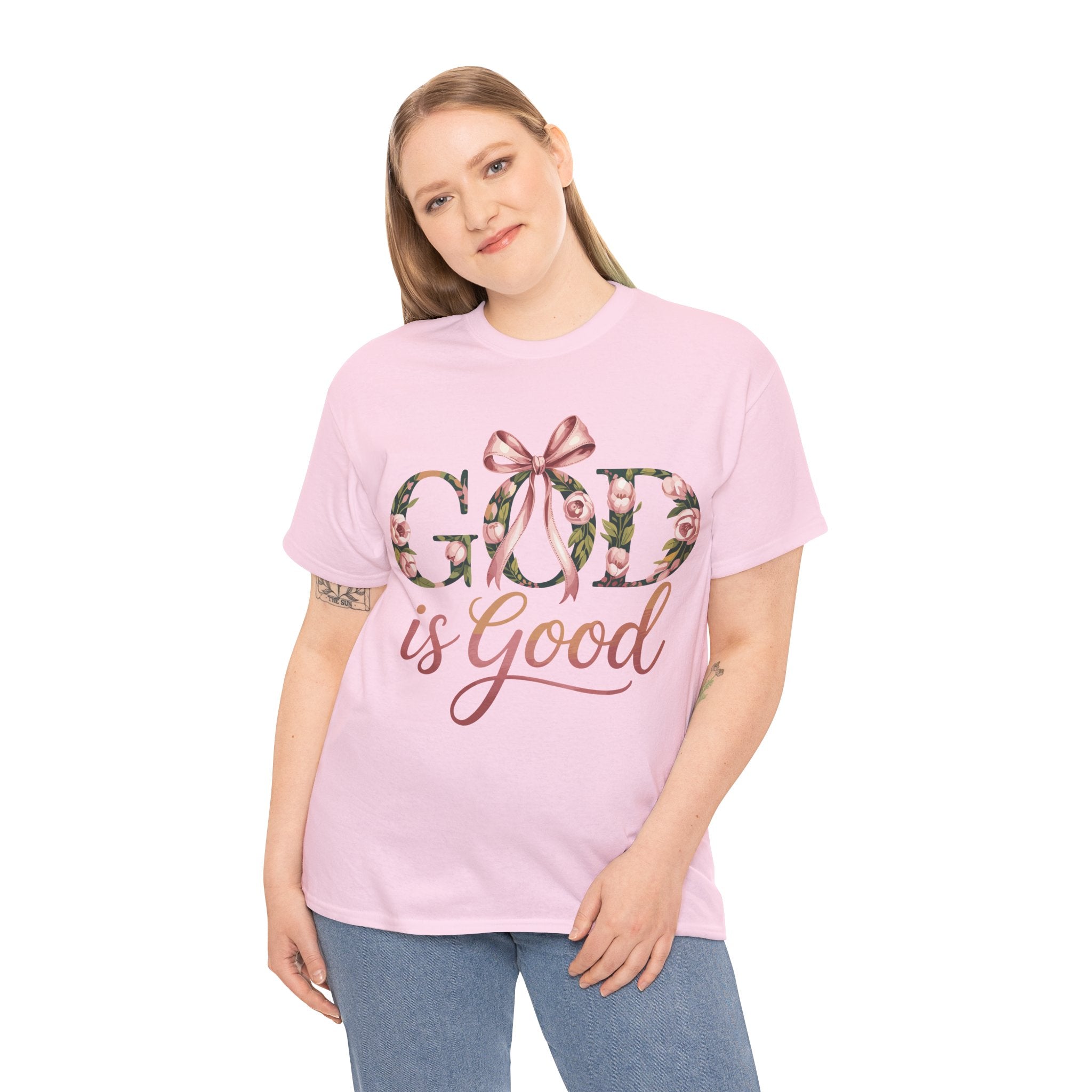 God Is Good Pink Rose Tee — Floral Ribbon Faith Unisex Cotton T-Shirt