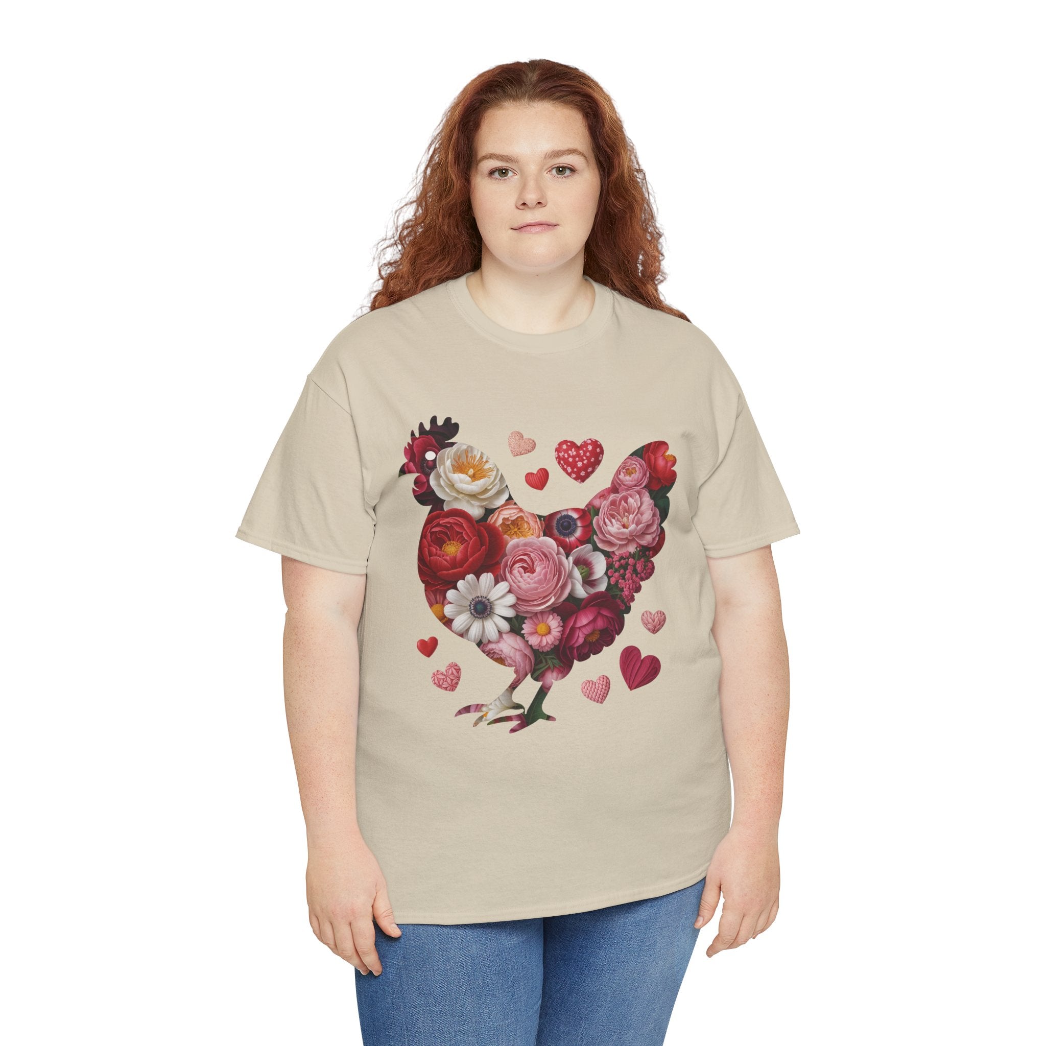 Floral Chicken Heart Tee — Red & Pink Flower Silhouette Unisex Cotton Tee