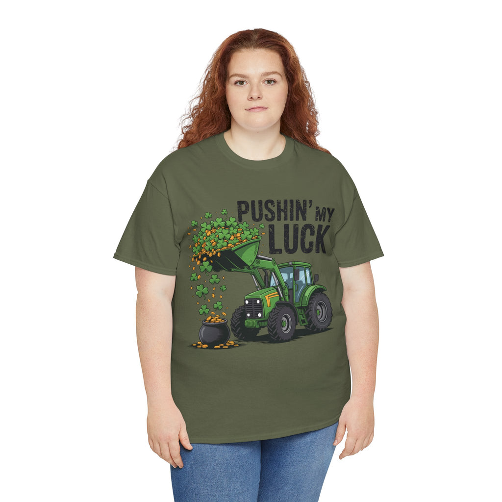 Pushin' My Luck Shamrock Tractor Tee — St. Patrick's Day Unisex Cotton T-Shirt