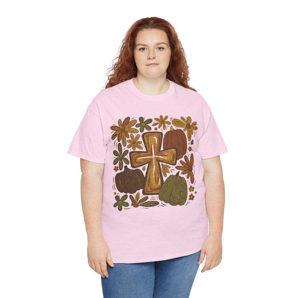 Autumn Cross Tee — Rustic Pumpkin & Fall Floral Christian Unisaex Cotton T-Shirt
