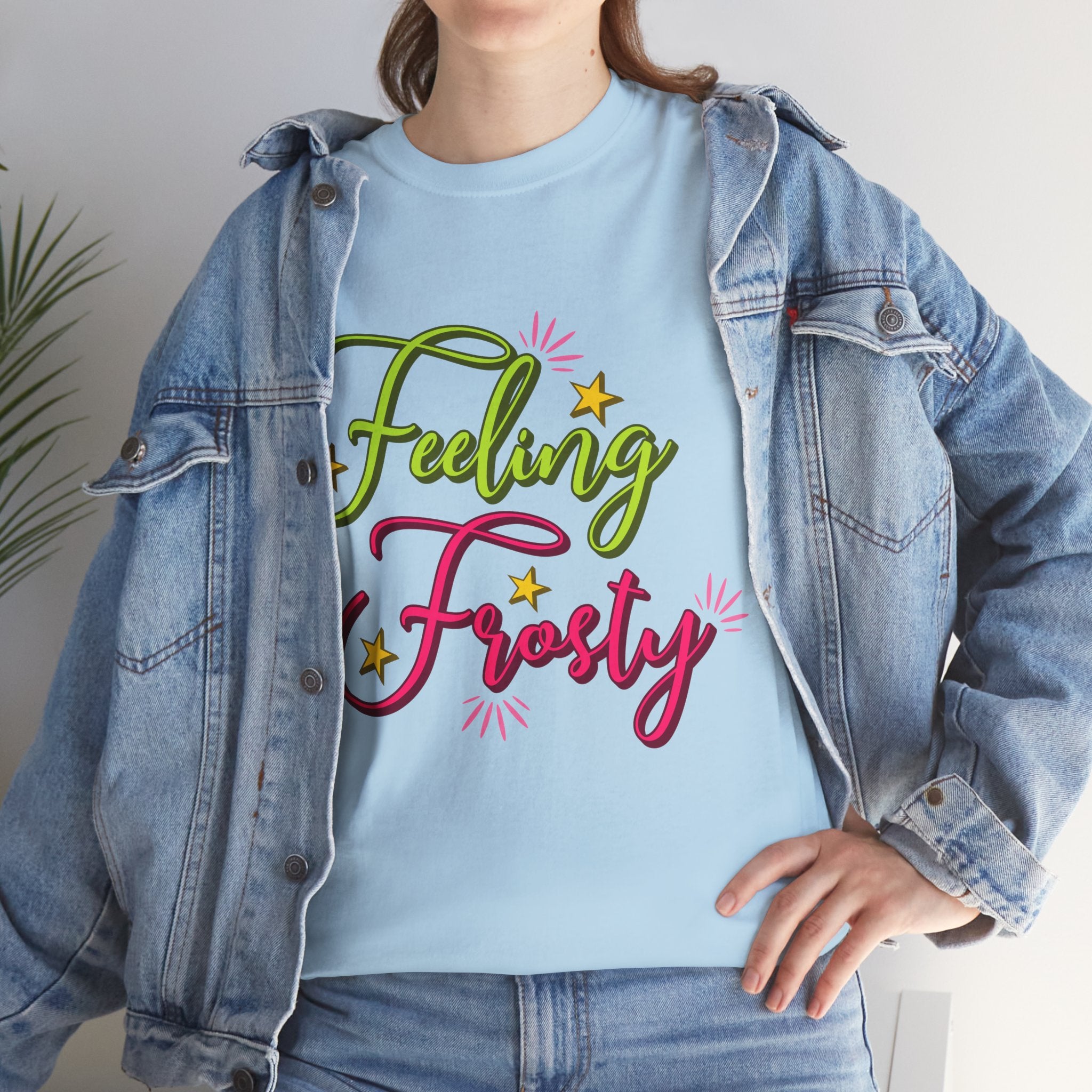 Feeling Frosty Holiday T-Shirt — Green & Pink Script Stars.Unisex Cotton Tee