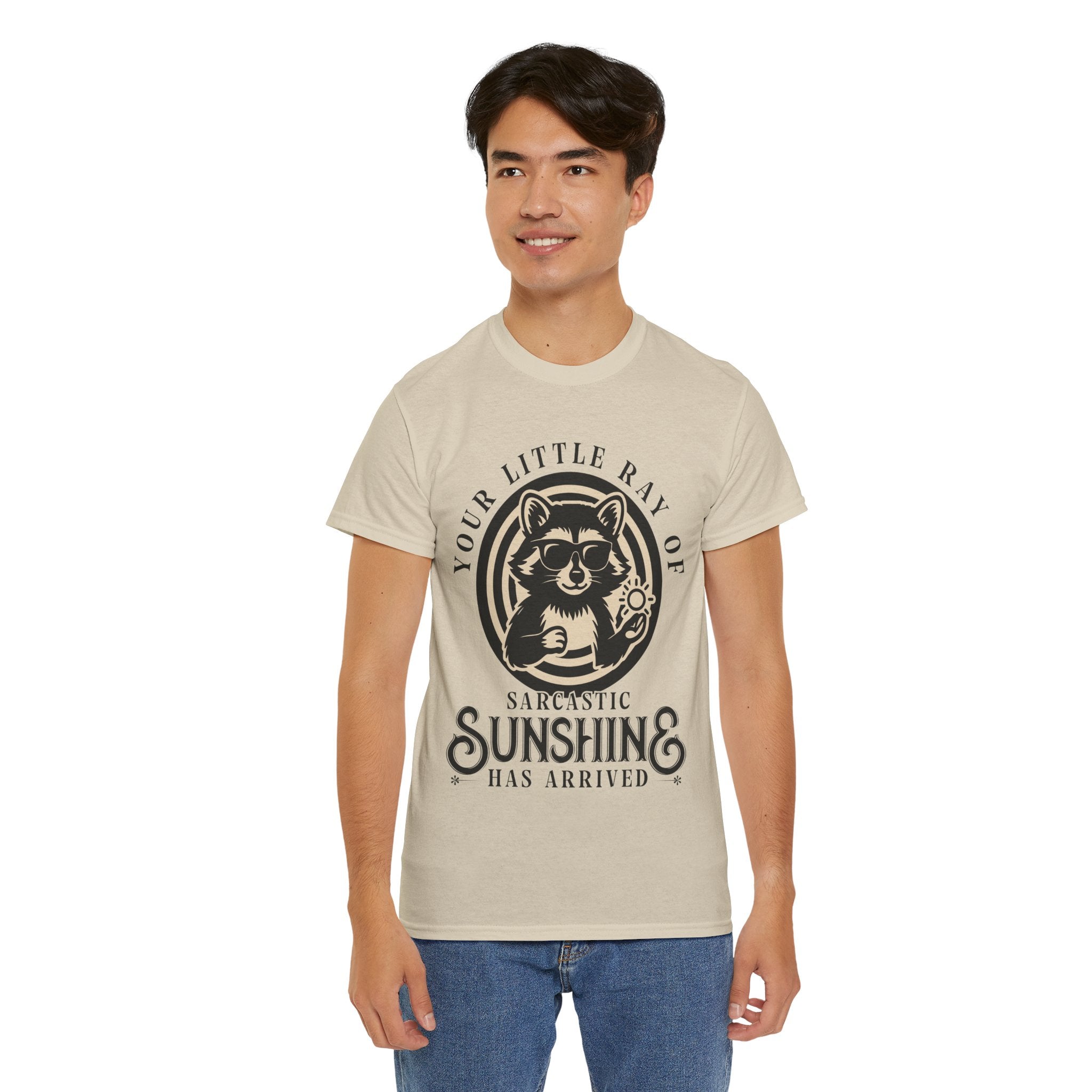 Cool Raccoon Sunglasses T-Shirt — Raccoon Holding Sun Graphic Unisex Cotton Tee