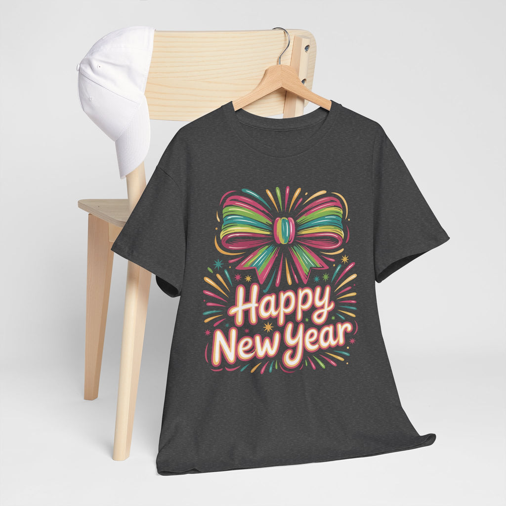Happy New Year Pastel Tee — Rainbow Bow & Fireworks Celebration Unisex Cotton Tshirt