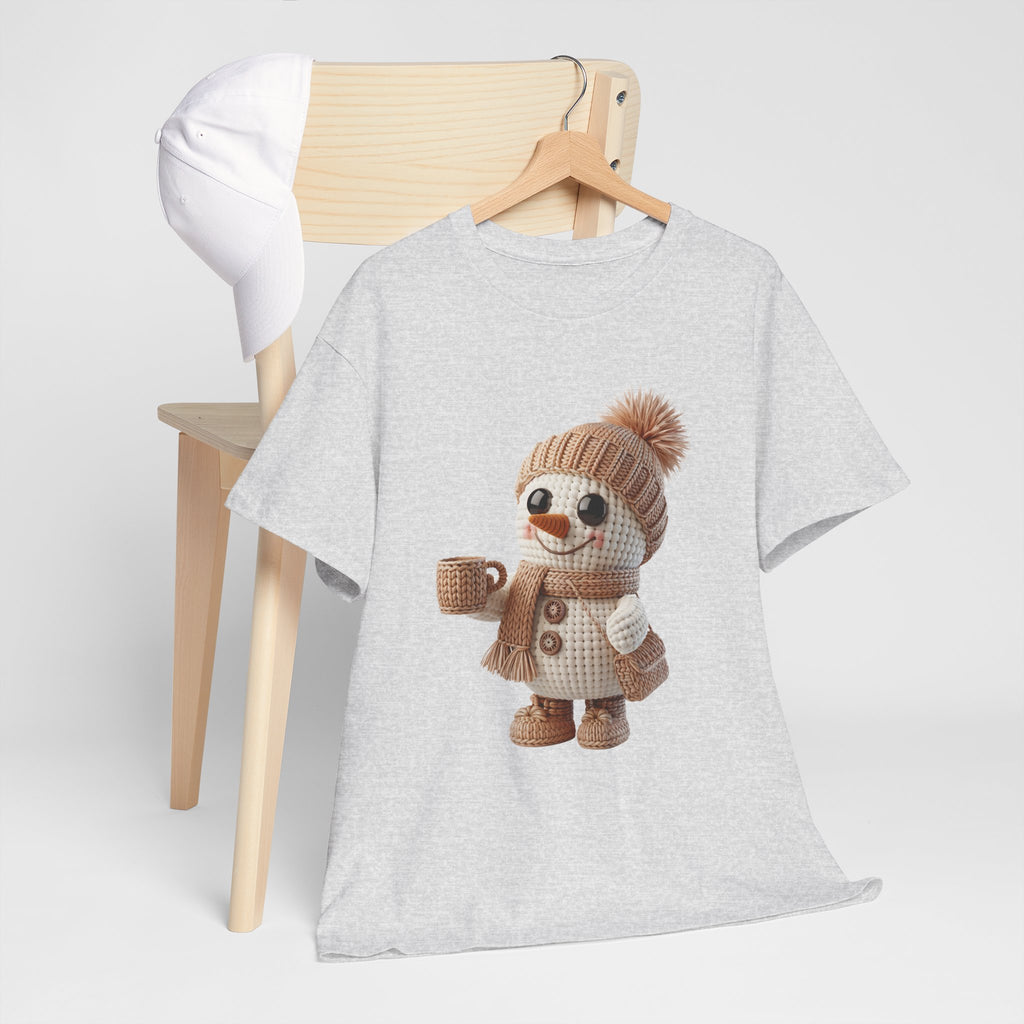 Cozy Snowman Tee — Smiling Snowman with Mug, Scarf & Beanie. Unisex Cotton Tee