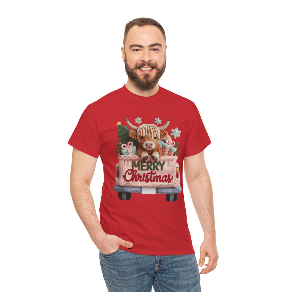 Merry Christmas Highland Cow Knit Truck Unisex Cotton T-Shirt