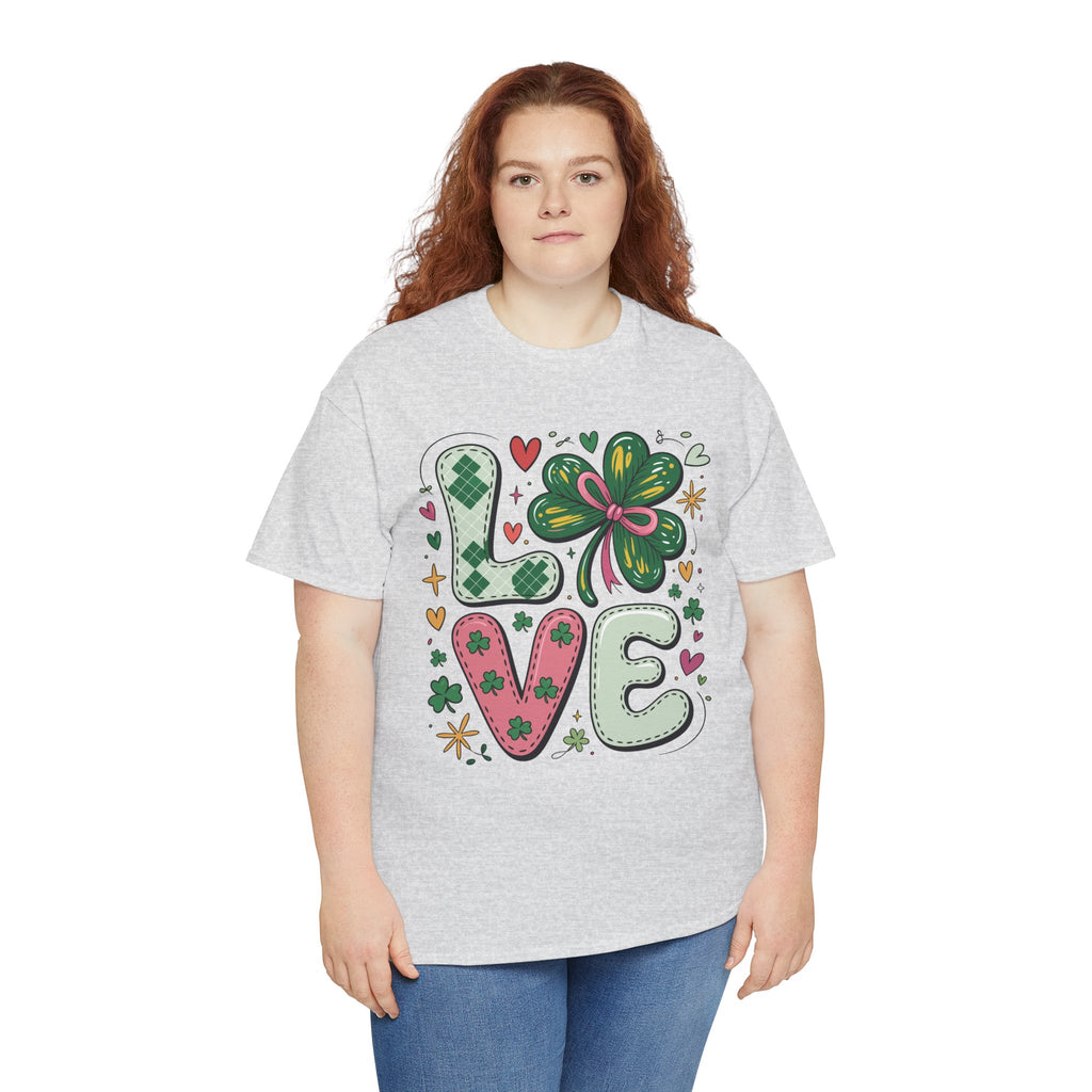 Stitched Clover 'LOVE' Tee — Heart & Patchwork St. Patrick's Unisex Cotton T-Shirt