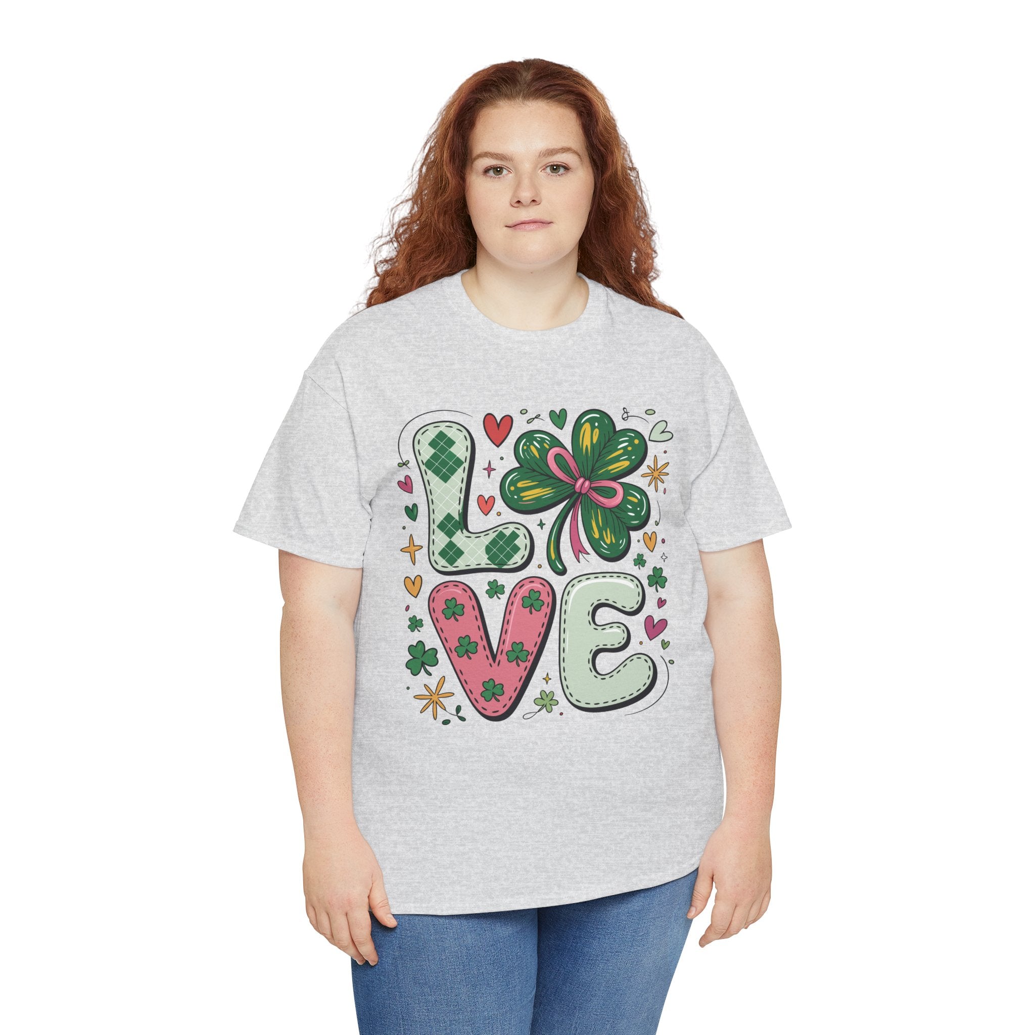 Stitched Clover 'LOVE' Tee — Heart & Patchwork St. Patrick's Unisex Cotton T-Shirt