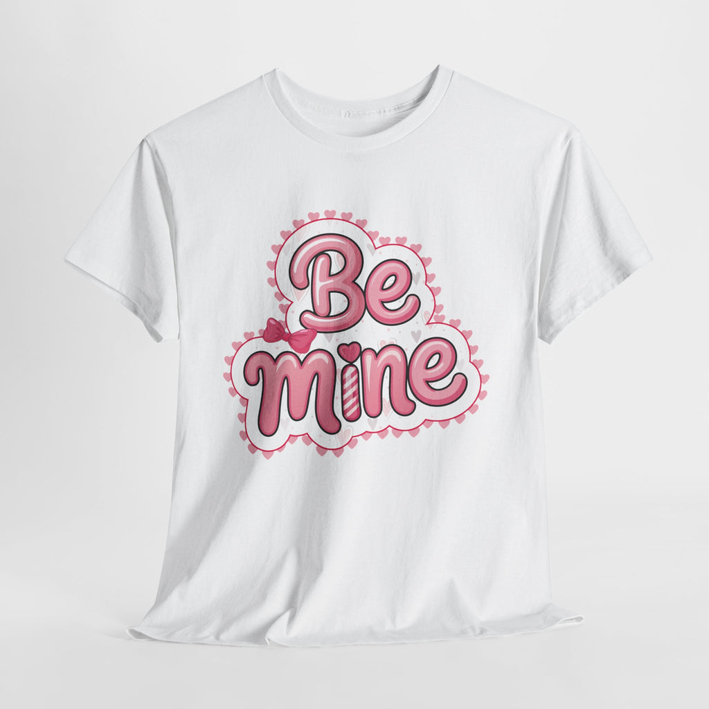 Be Mine Valentine T-Shirt — Pink Bubble Letters with Hearts & Bow..Unisex Cotton Tee