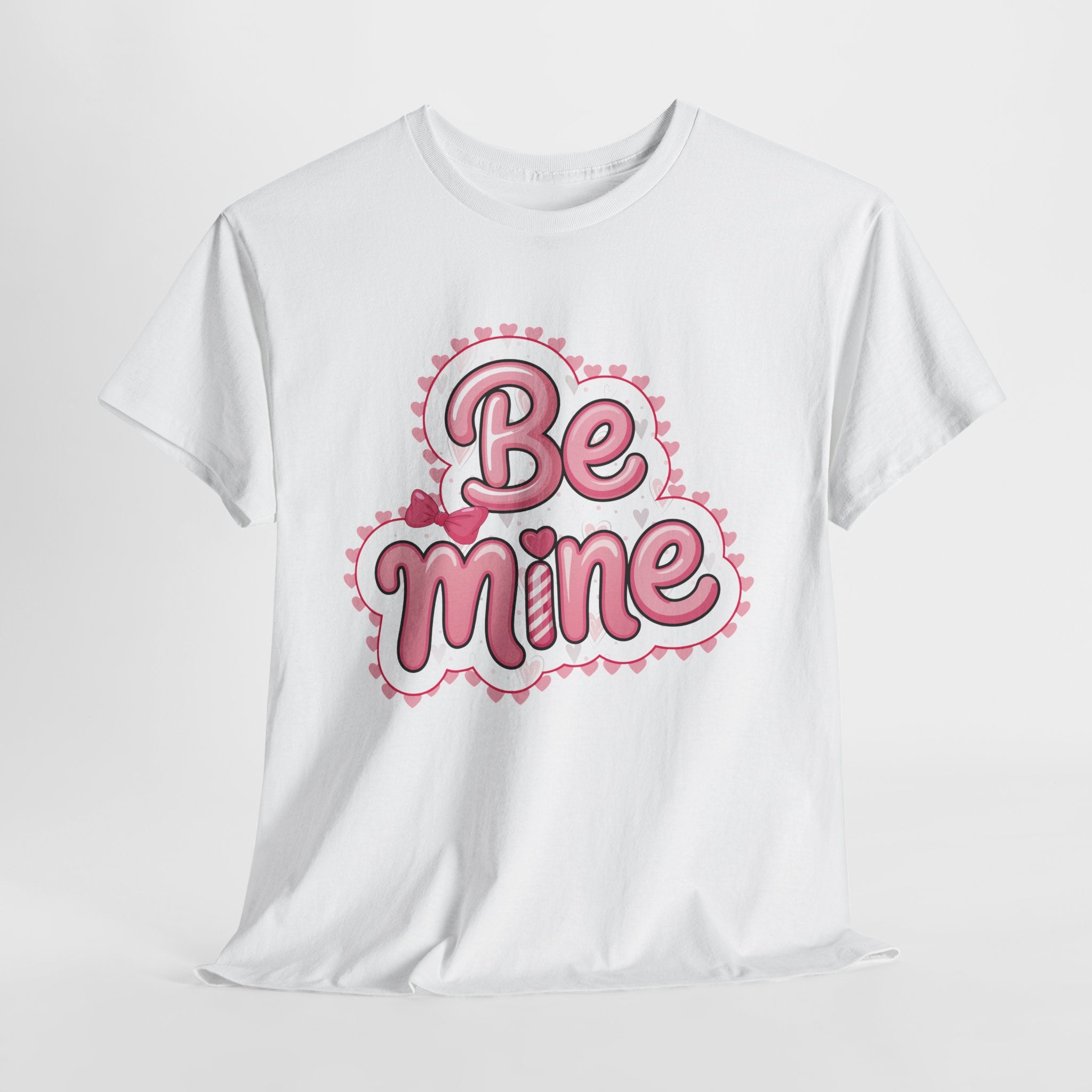 Be Mine Valentine T-Shirt — Pink Bubble Letters with Hearts & Bow..Unisex Cotton Tee