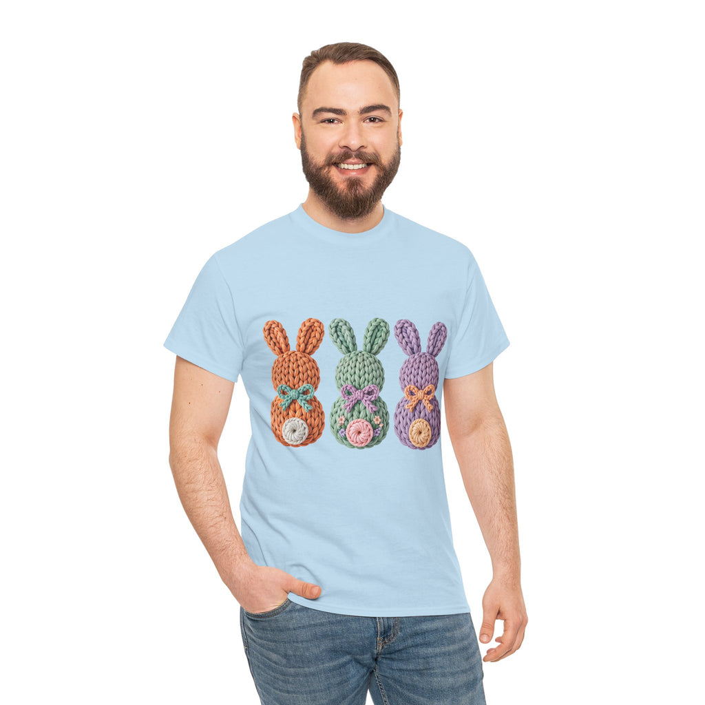 Pastel Crochet Bunny Tee — Trio of Faux Knit Bunnies with Bows & Flowers Unisex Cotton Tee