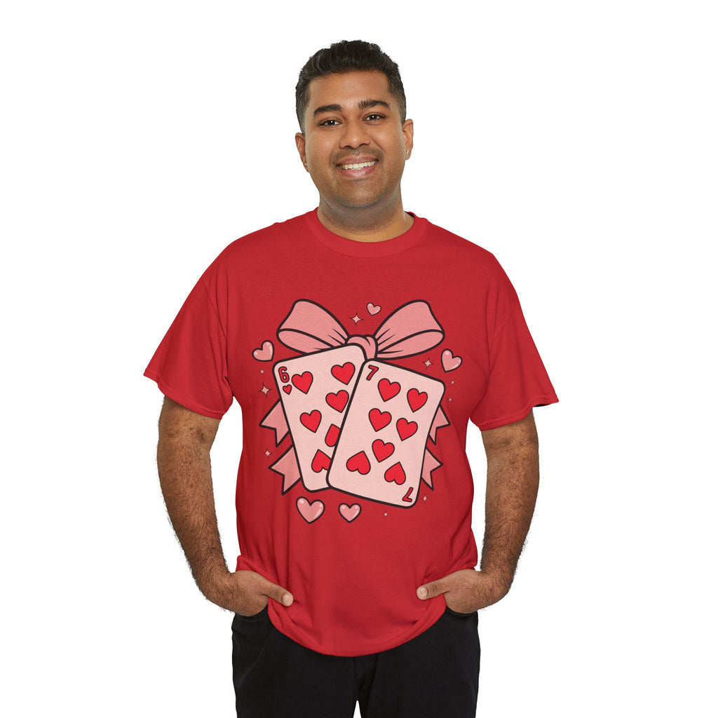6 & 7 of Hearts T-Shirt — Paired Playing Cards with Pink Bow Unisex Cotton Tee