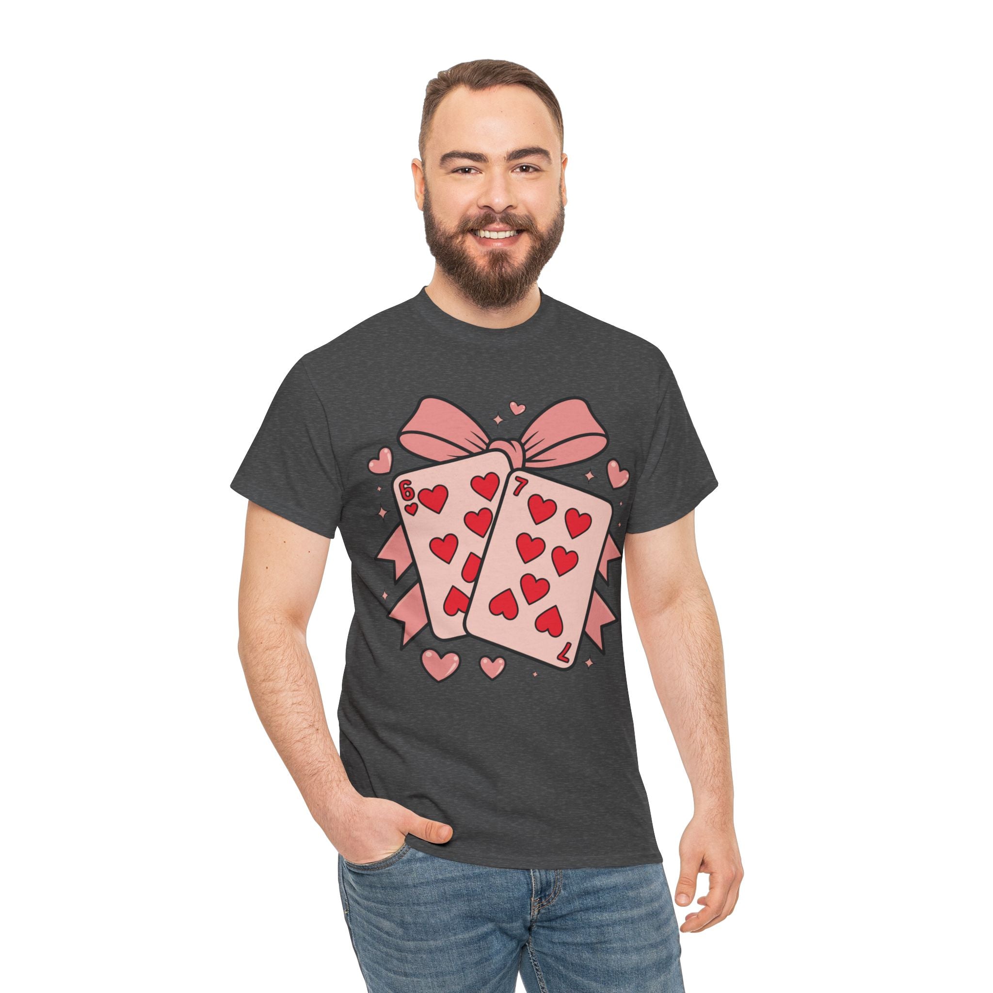 6 & 7 of Hearts T-Shirt — Paired Playing Cards with Pink Bow Unisex Cotton Tee