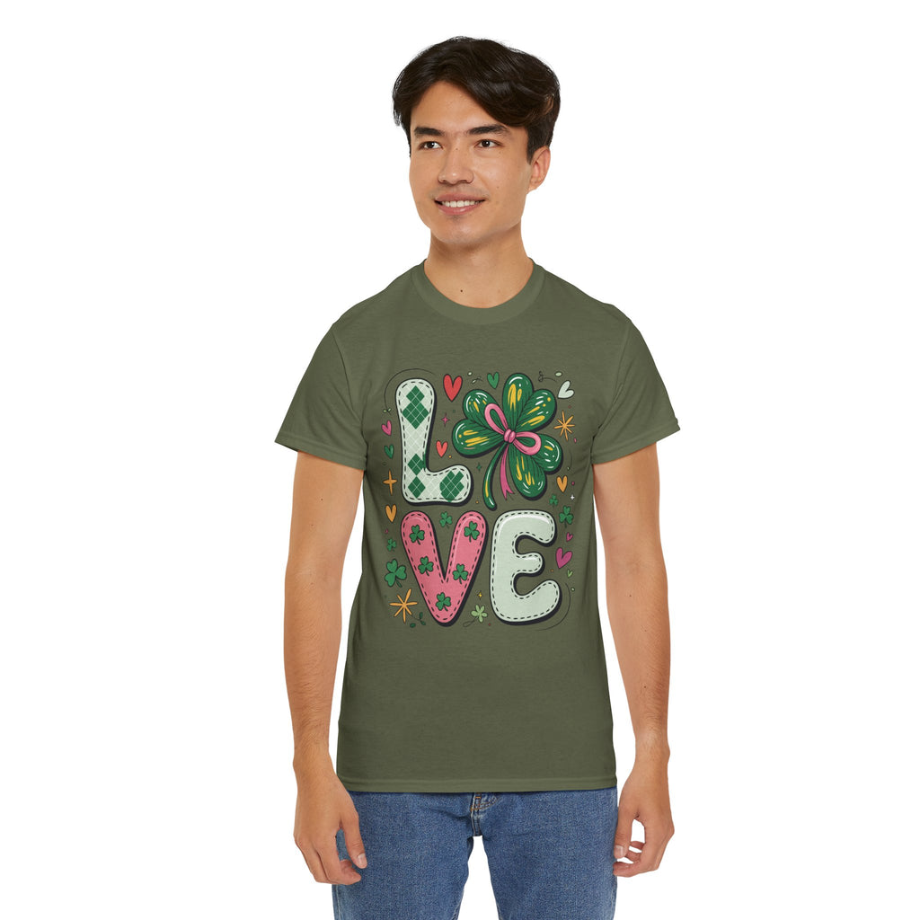 Stitched Clover 'LOVE' Tee — Heart & Patchwork St. Patrick's Unisex Cotton T-Shirt