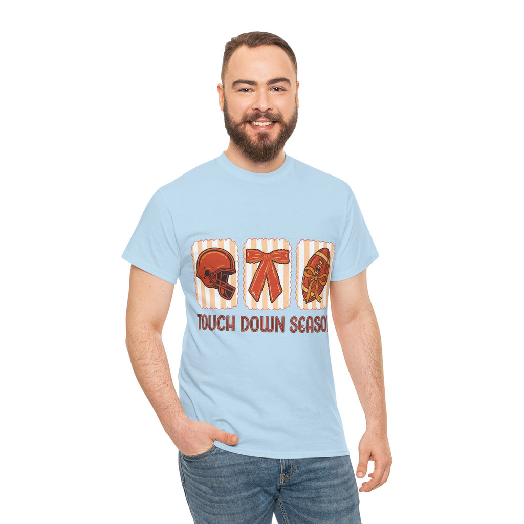 Touch Down Season Football Tee — Striped Fall Helmet & Bow Design Unisex Cotton Tee