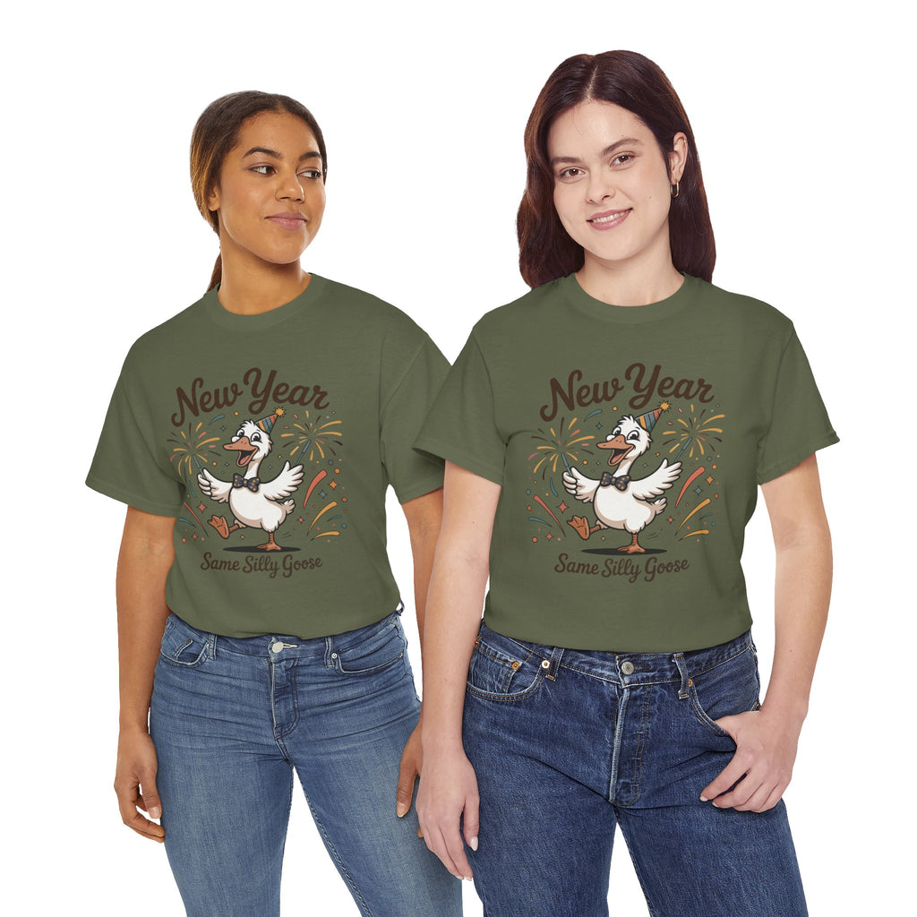 Happy Goose New Year T-Shirt — Party Hat, Fireworks & Confetti Unisex Cotton Tee