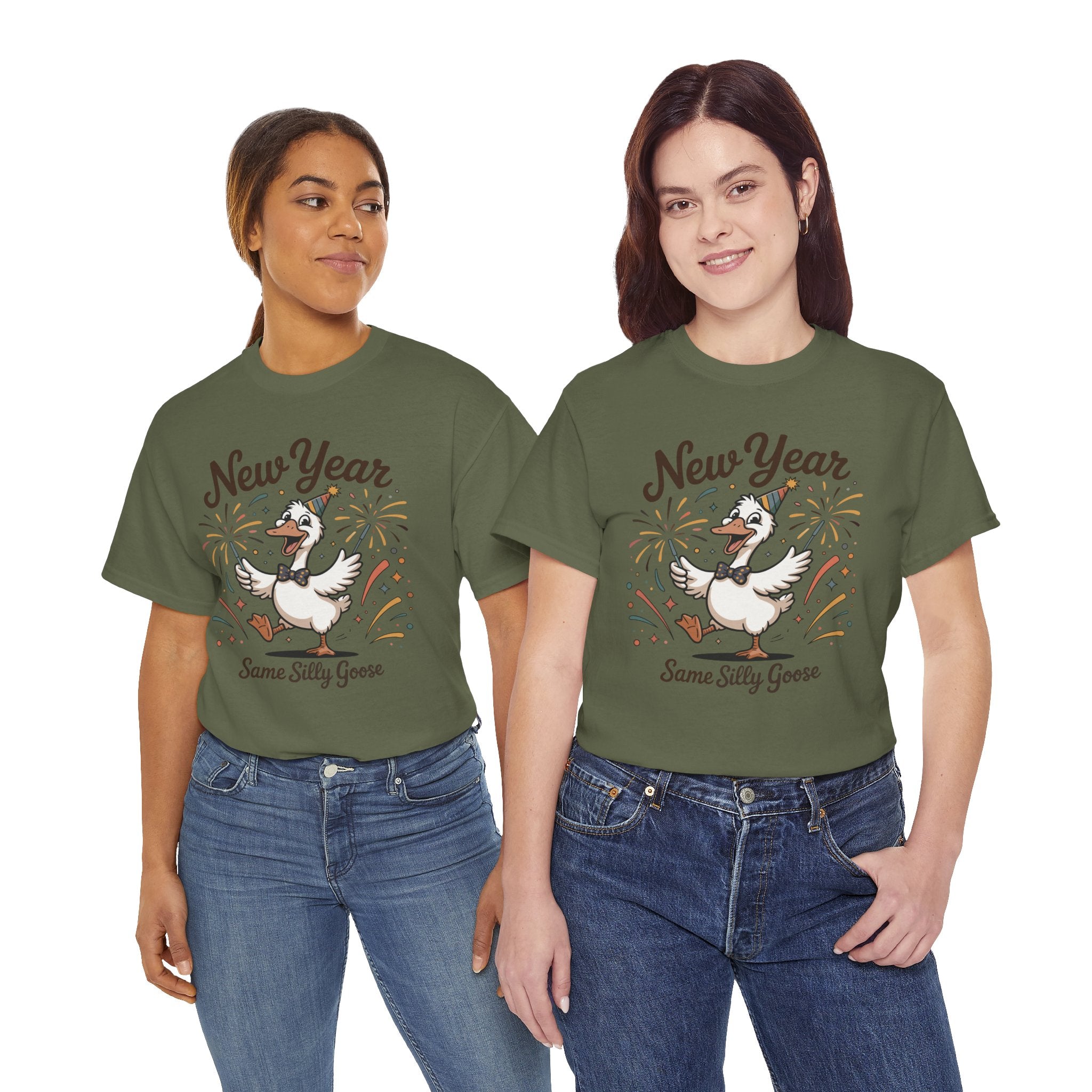 Happy Goose New Year T-Shirt — Party Hat, Fireworks & Confetti Unisex Cotton Tee