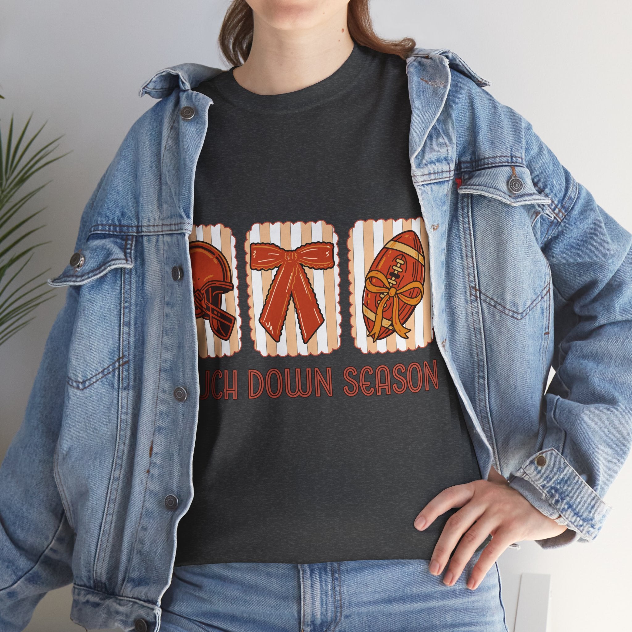Touch Down Season Football Tee — Striped Fall Helmet & Bow Design Unisex Cotton Tee