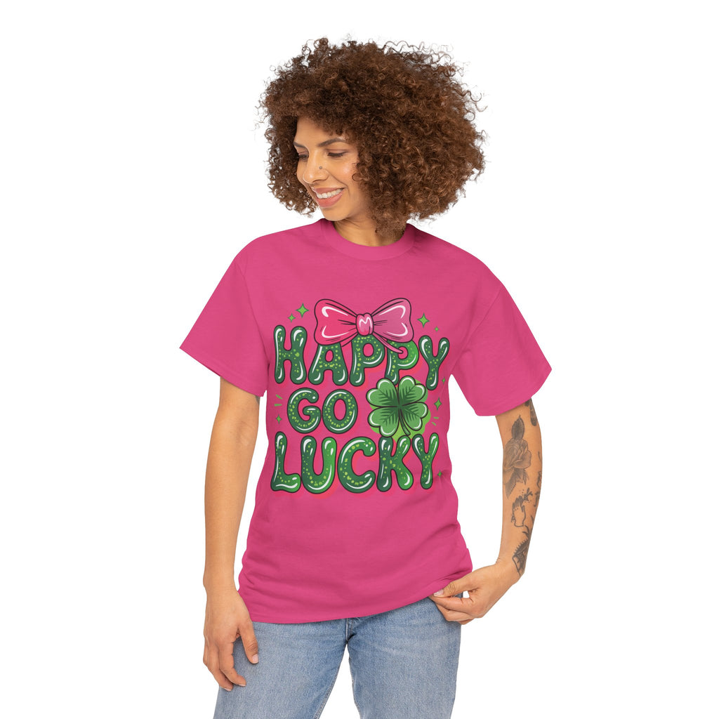 Happy Go Lucky Four-Leaf Clover Tee — Glossy Green Letters & Pink Bow Unisex Cotton Tee