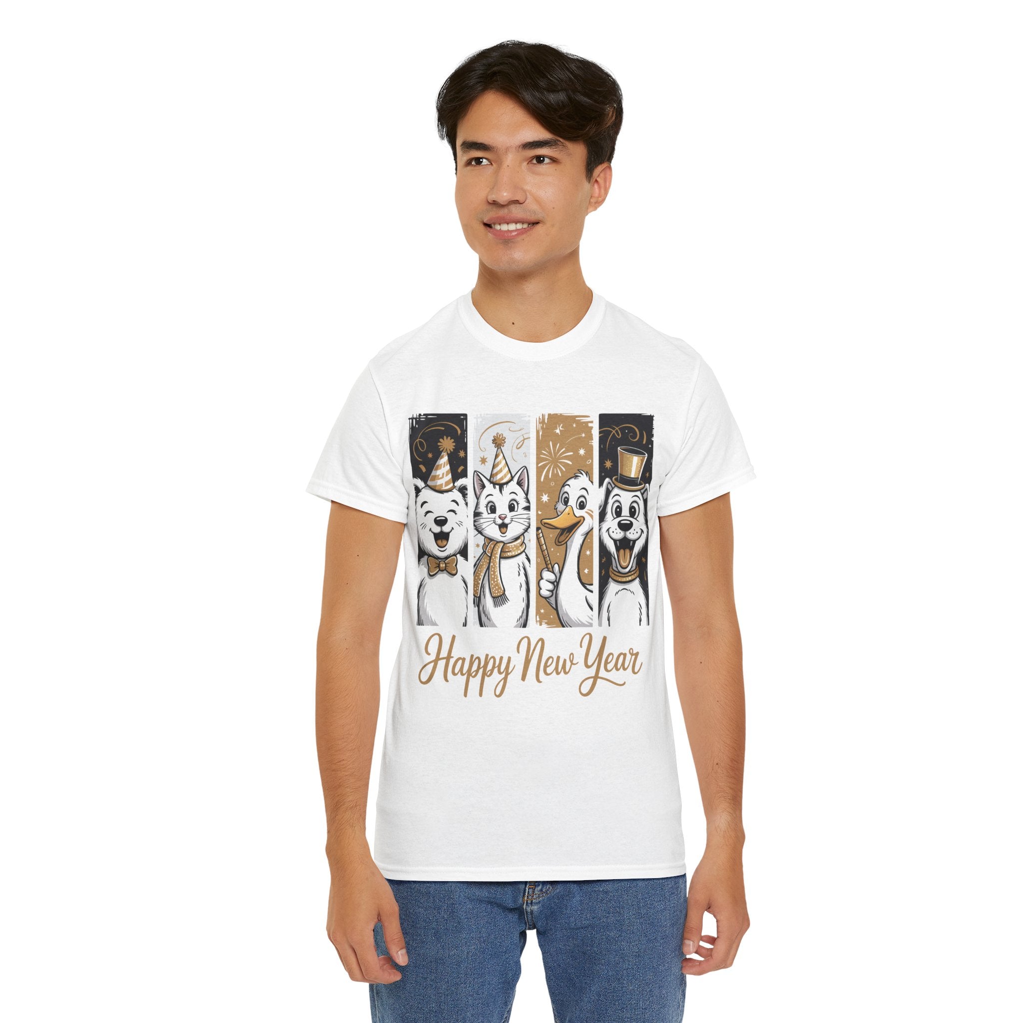 Happy New Year Party Animals T-Shirt — Cute Smiling Animals in Party Hats & Gold Fireworks..Unisex Cotton Tee