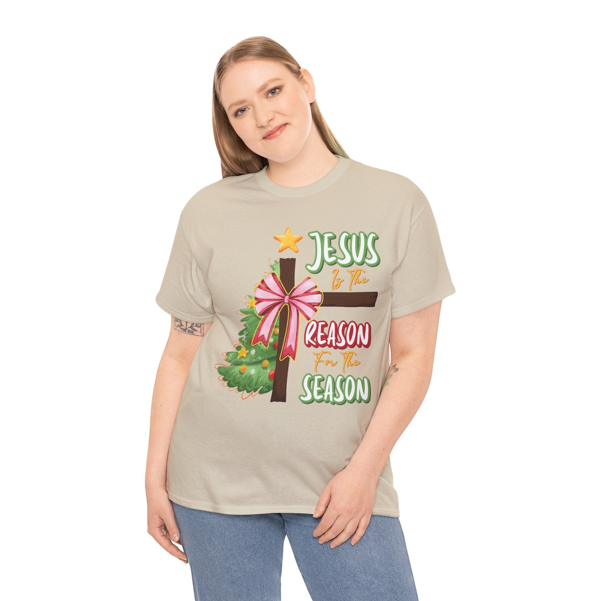 Jesus Is the Reason for the Season Christmas Tee — Cross with Pink Bow & Tree. Unisex Cotton Tee