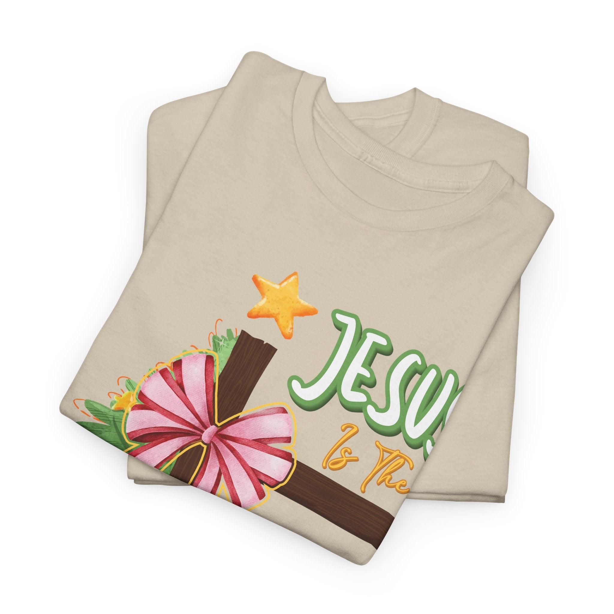 Jesus Is the Reason for the Season Christmas Tee — Cross with Pink Bow & Tree. Unisex Cotton Tee
