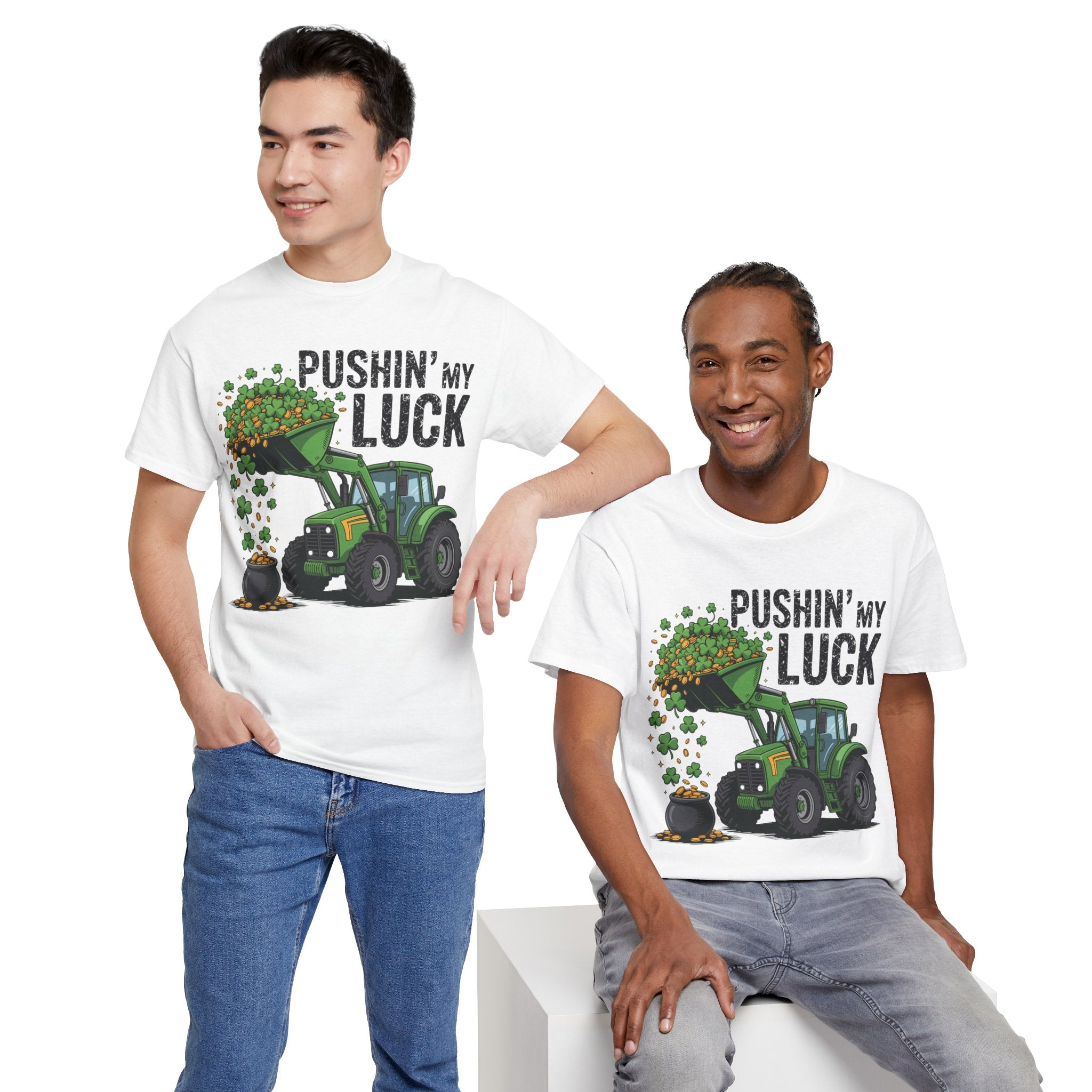 Pushin' My Luck Shamrock Tractor Tee — St. Patrick's Day Unisex Cotton T-Shirt