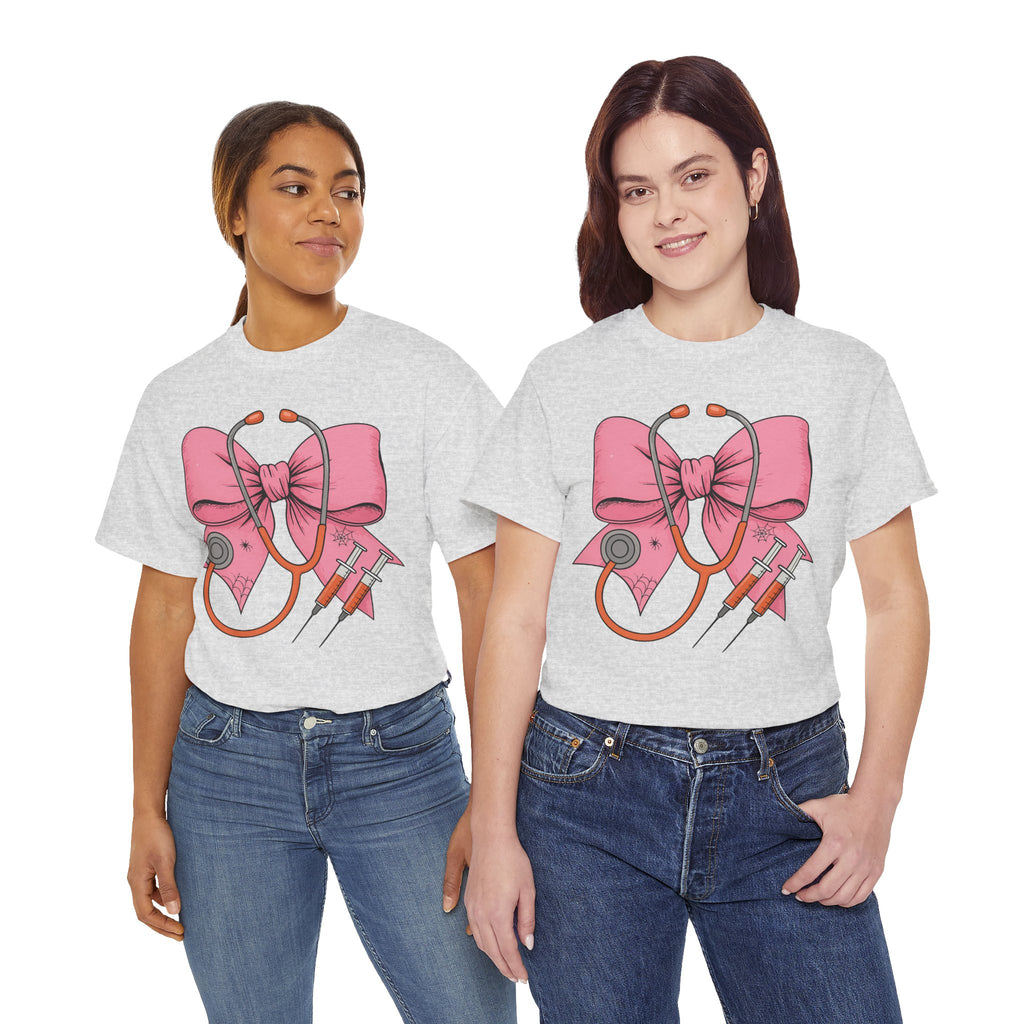 Halloween Nurse T‑Shirt — Pink Nurse Bow with Stethoscope, Syringes & Spider Webs..Unisex Cotton Tee