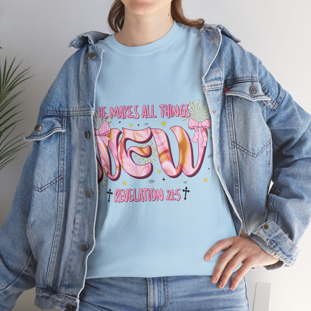Christian Marble Tee — “He Makes All Things New” (Revelation 21:5)... Unisex Cotton Tee