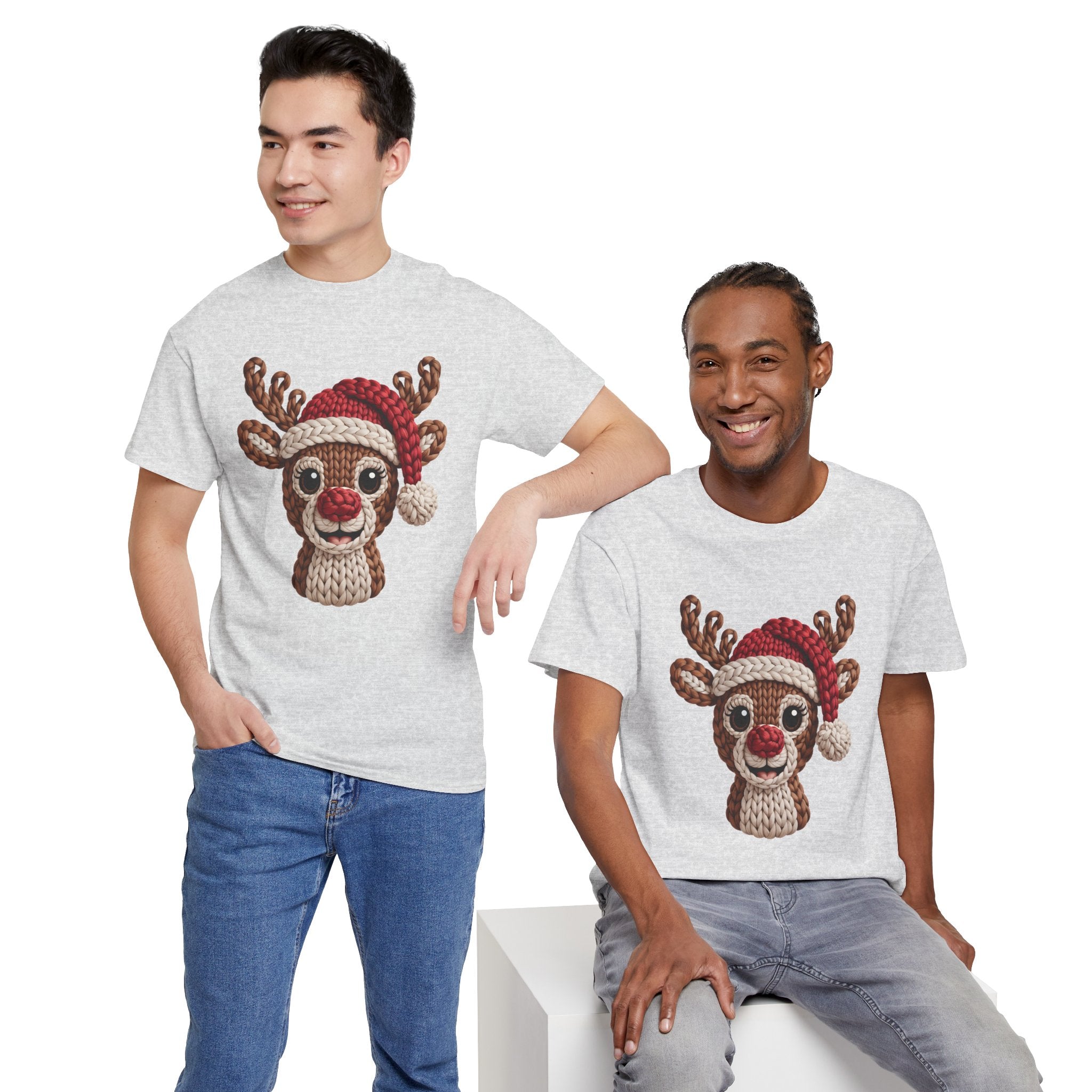 Reindeer in Santa Hat Cotton Tee — Joyful Faux-Yarn Holiday Unisex Coton T-Shirt