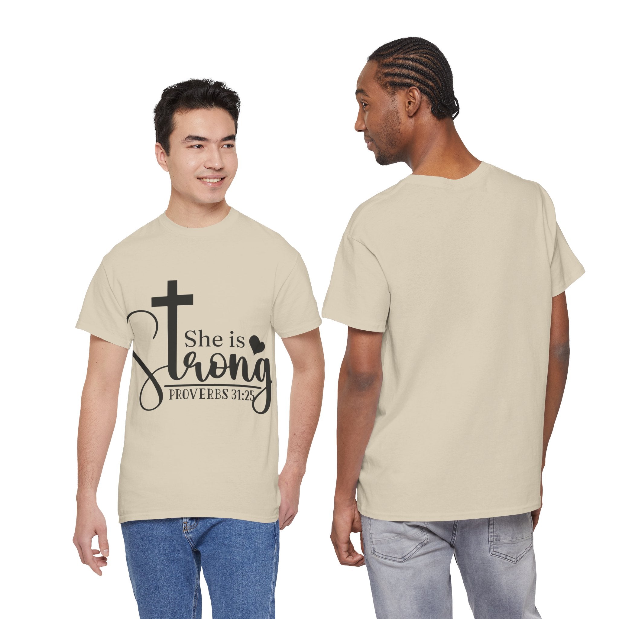 Proverbs 31:25 'She is Strong' T-Shirt – Christian Cross & Heart Unisex Cotton Tee