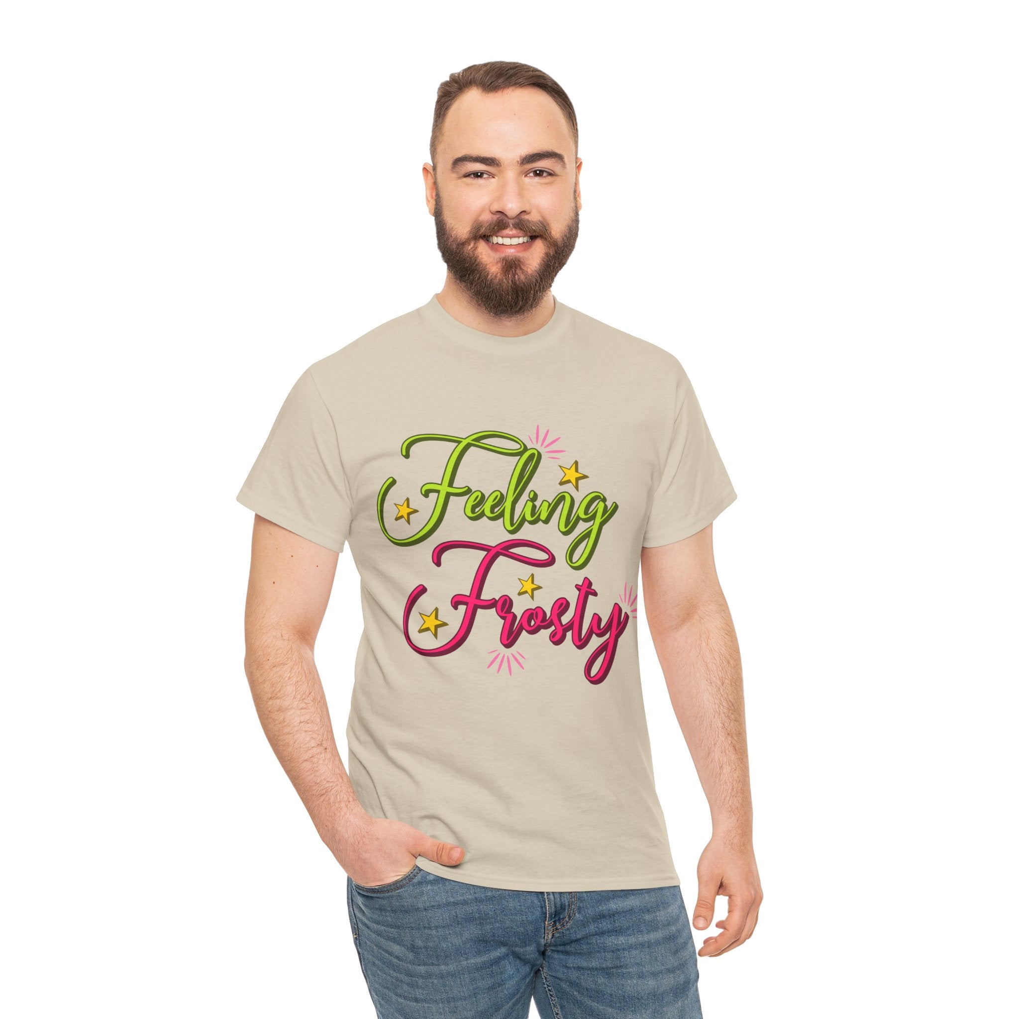 Feeling Frosty Holiday T-Shirt — Green & Pink Script Stars.Unisex Cotton Tee