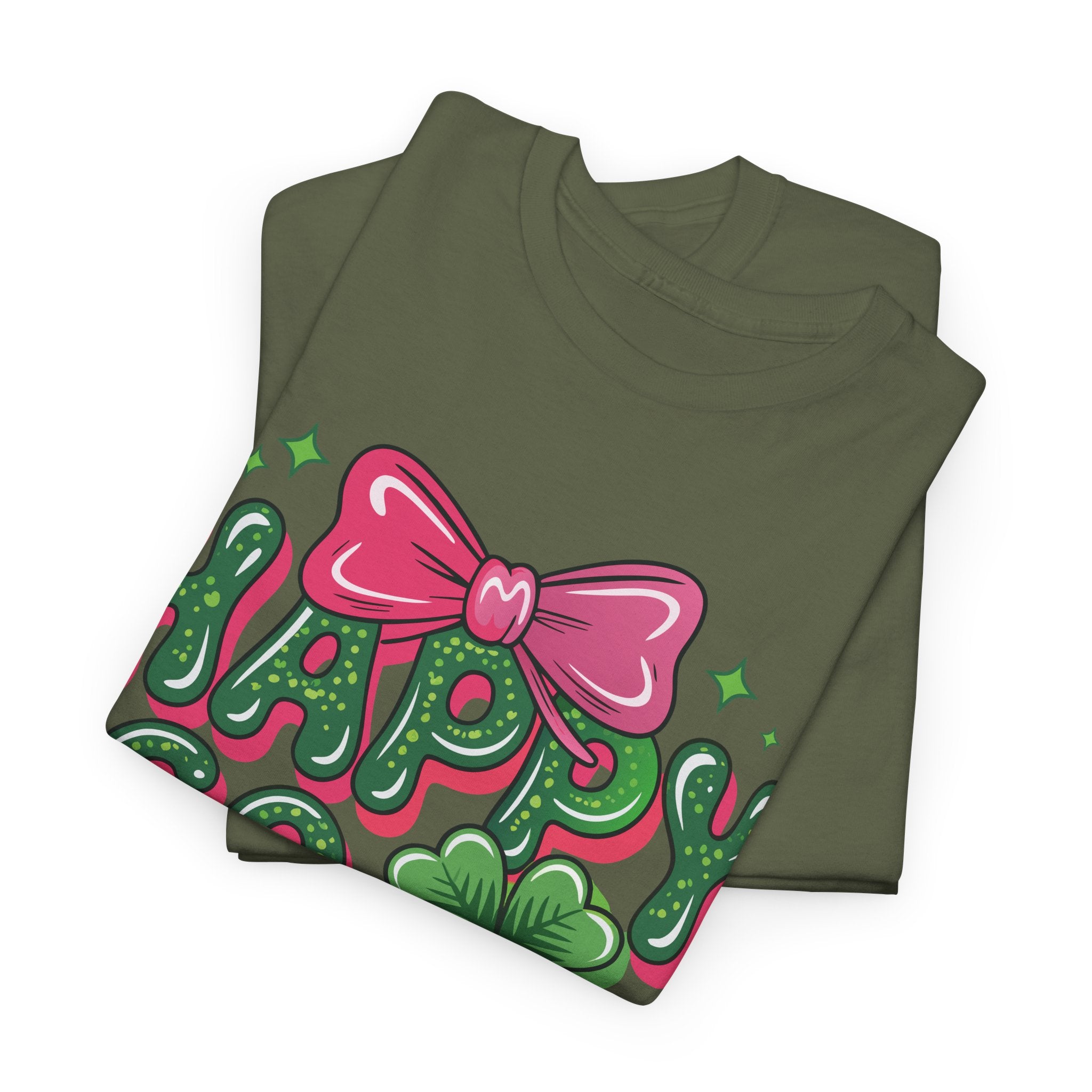 Happy Go Lucky Four-Leaf Clover Tee — Glossy Green Letters & Pink Bow Unisex Cotton Tee