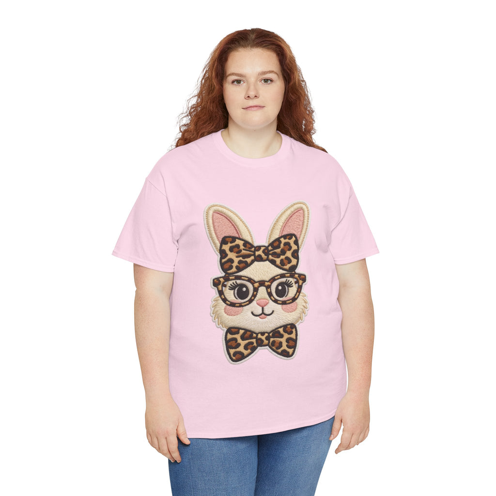 Leopard Bow Bunny Embroidered Tee — Cute Bunny Face with Glasses Patch Unisex Cotton Tee