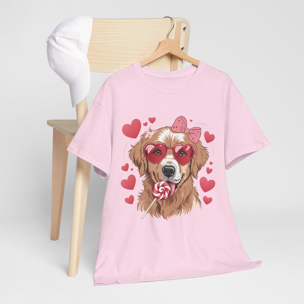 Valentine Dog T-Shirt — Cute Pup with Heart Glasses, Pink Bow & Lollipop..Unisex Cotton Tee