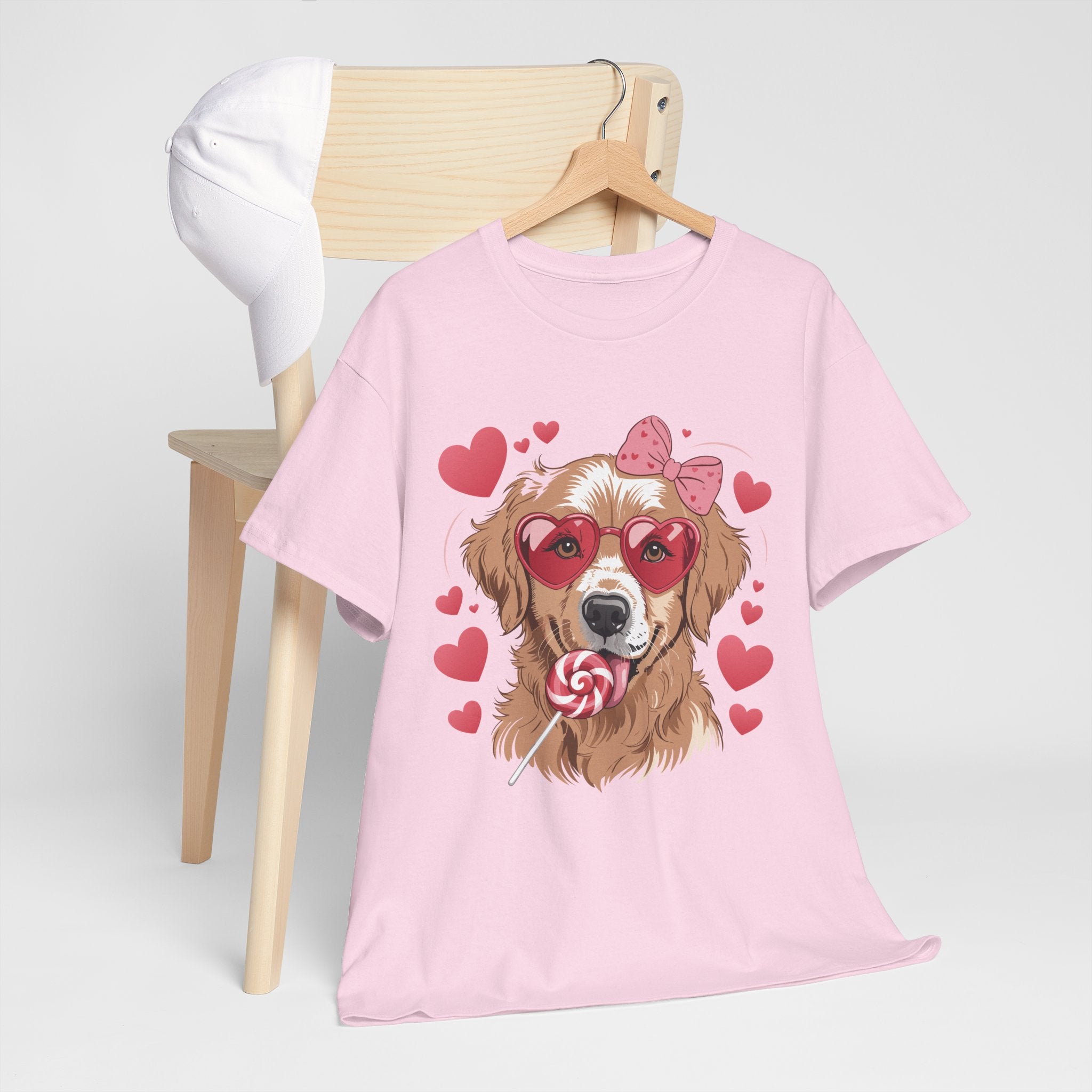Valentine Dog T-Shirt — Cute Pup with Heart Glasses, Pink Bow & Lollipop..Unisex Cotton Tee