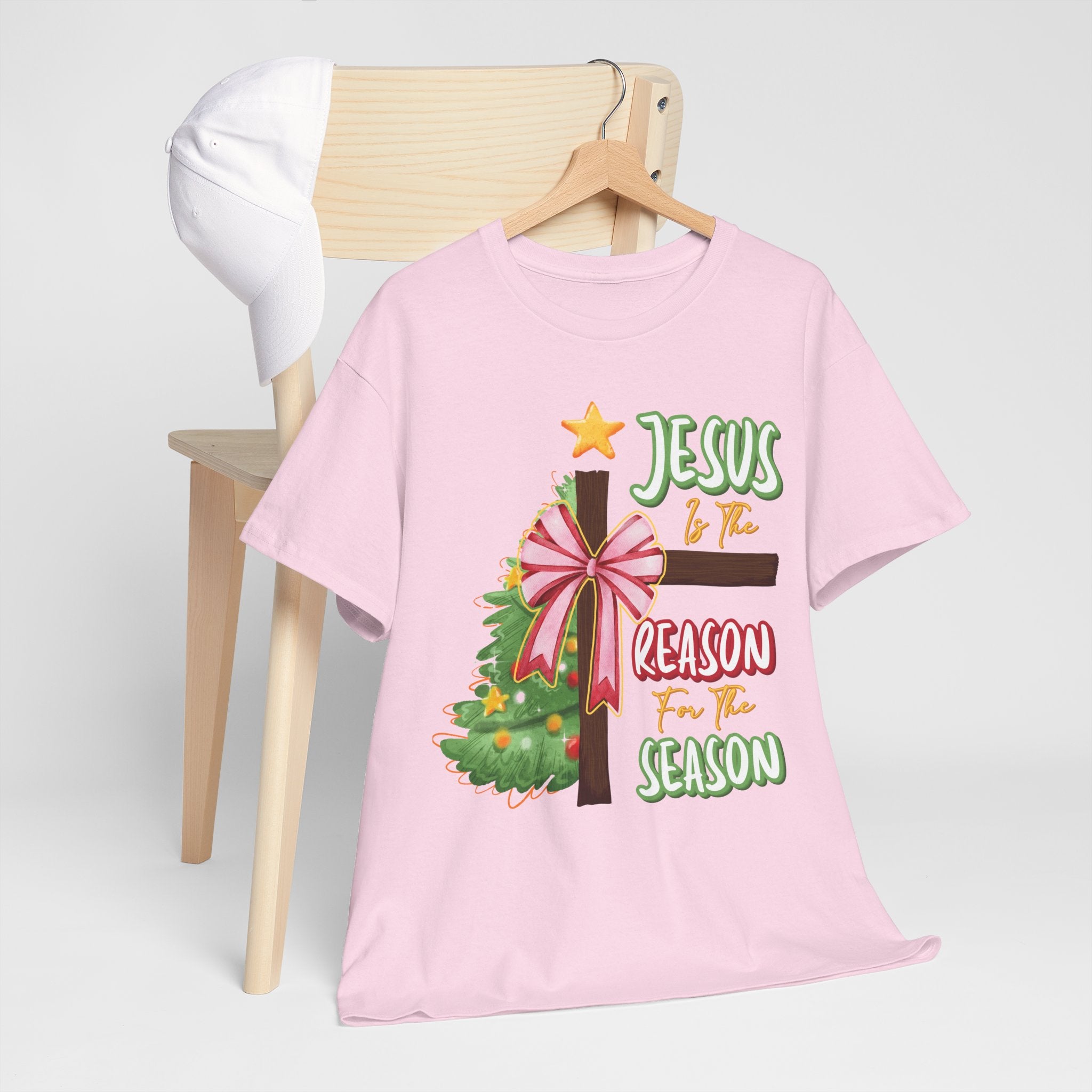 Jesus Is the Reason for the Season Christmas Tee — Cross with Pink Bow & Tree. Unisex Cotton Tee