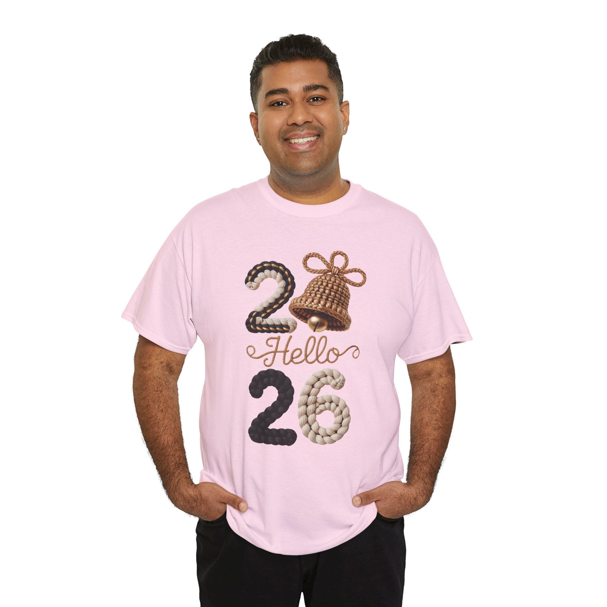 Hello 2026 Tee — Cozy Faux Yarn Braided Numbers with Woven Golden Bell..Unisex Cotton Tee