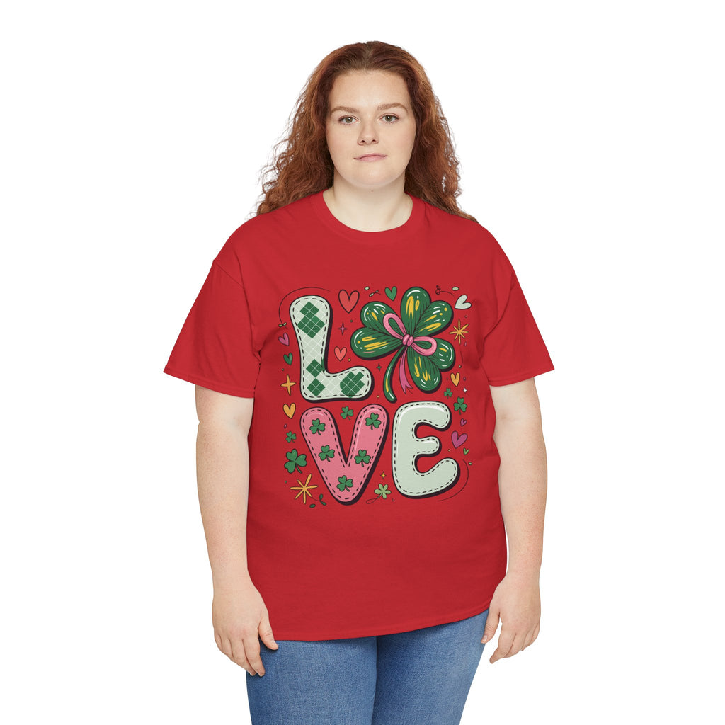 Stitched Clover 'LOVE' Tee — Heart & Patchwork St. Patrick's Unisex Cotton T-Shirt